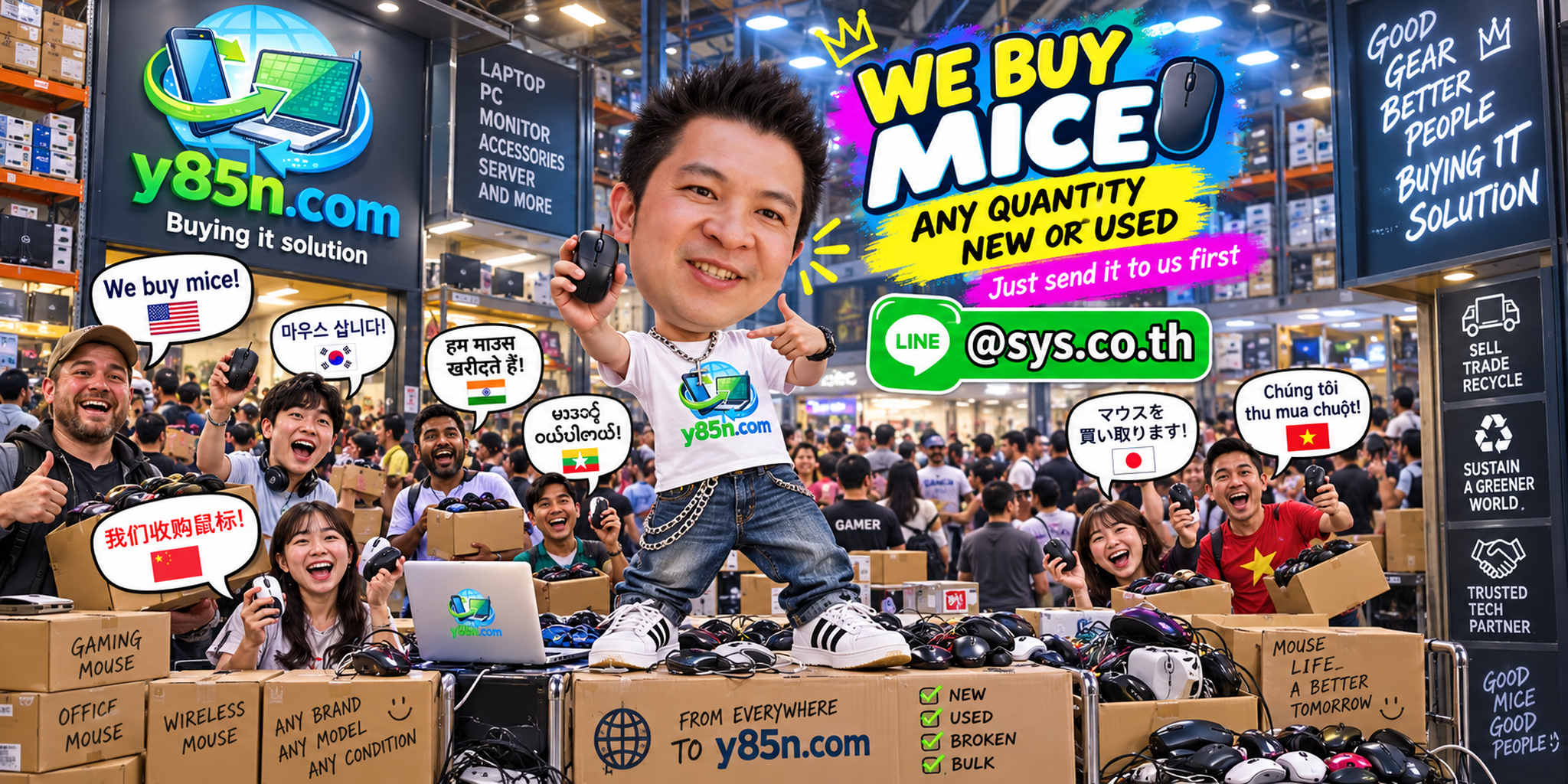 Y85N.com team and customers at a busy computer warehouse buying used computer mice in Thailand