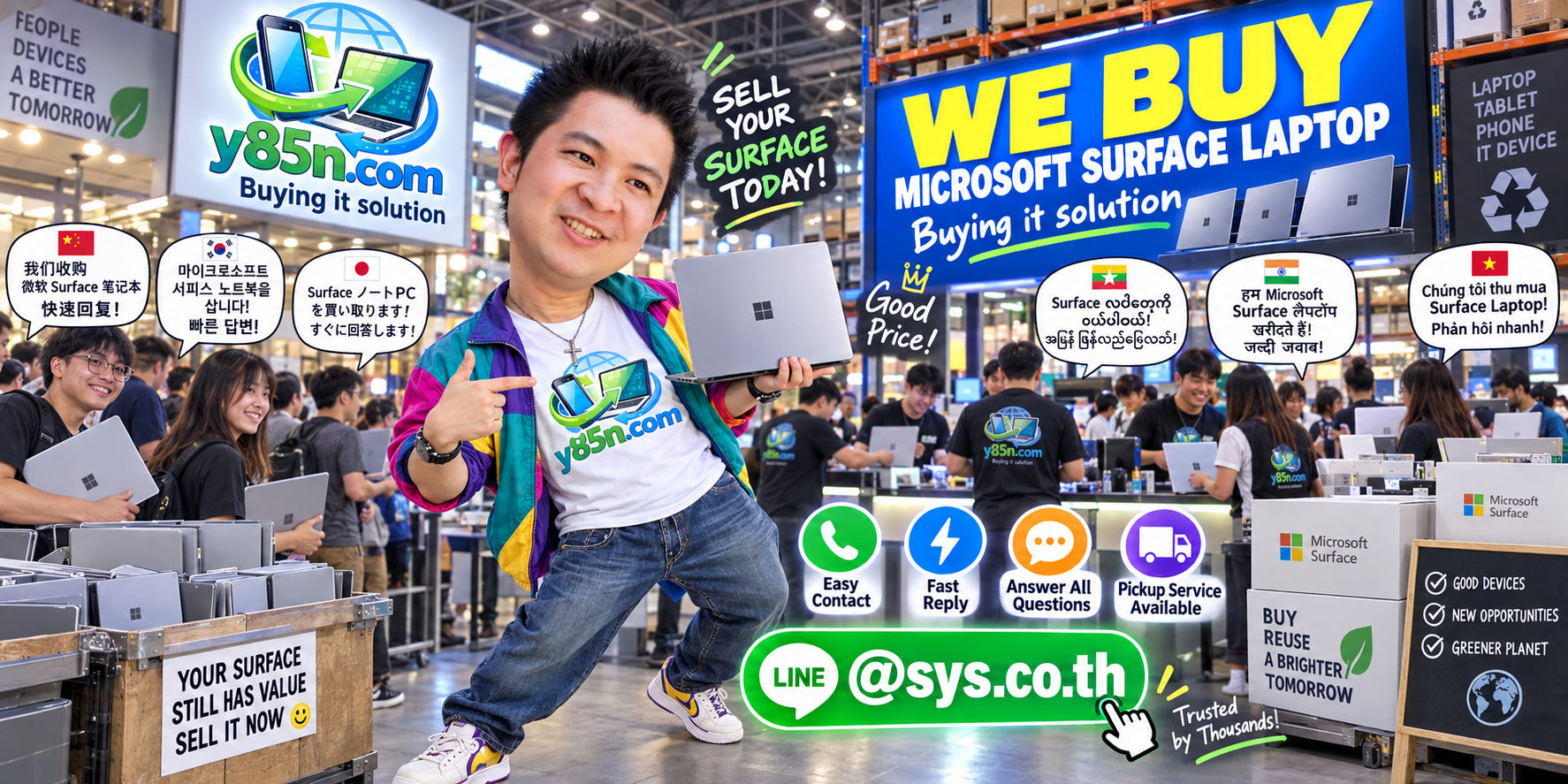 Y85N.com Microsoft Surface Laptop buying contact banner with LINE at sys.co.th