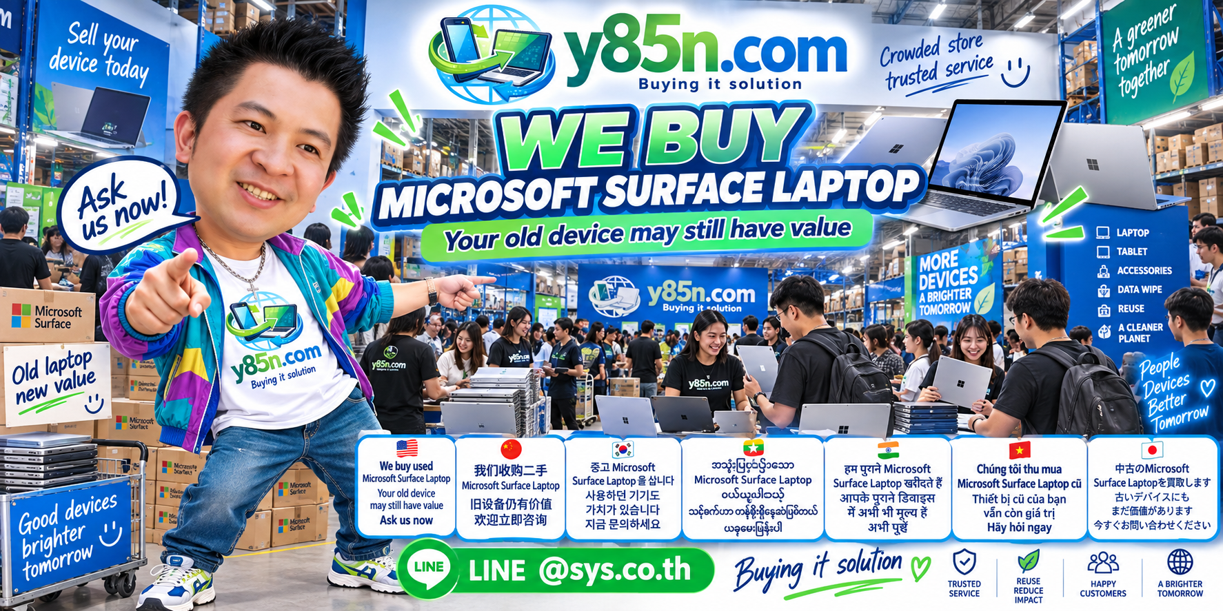 Y85N.com buying Microsoft Surface Laptop devices at a busy IT warehouse in Thailand