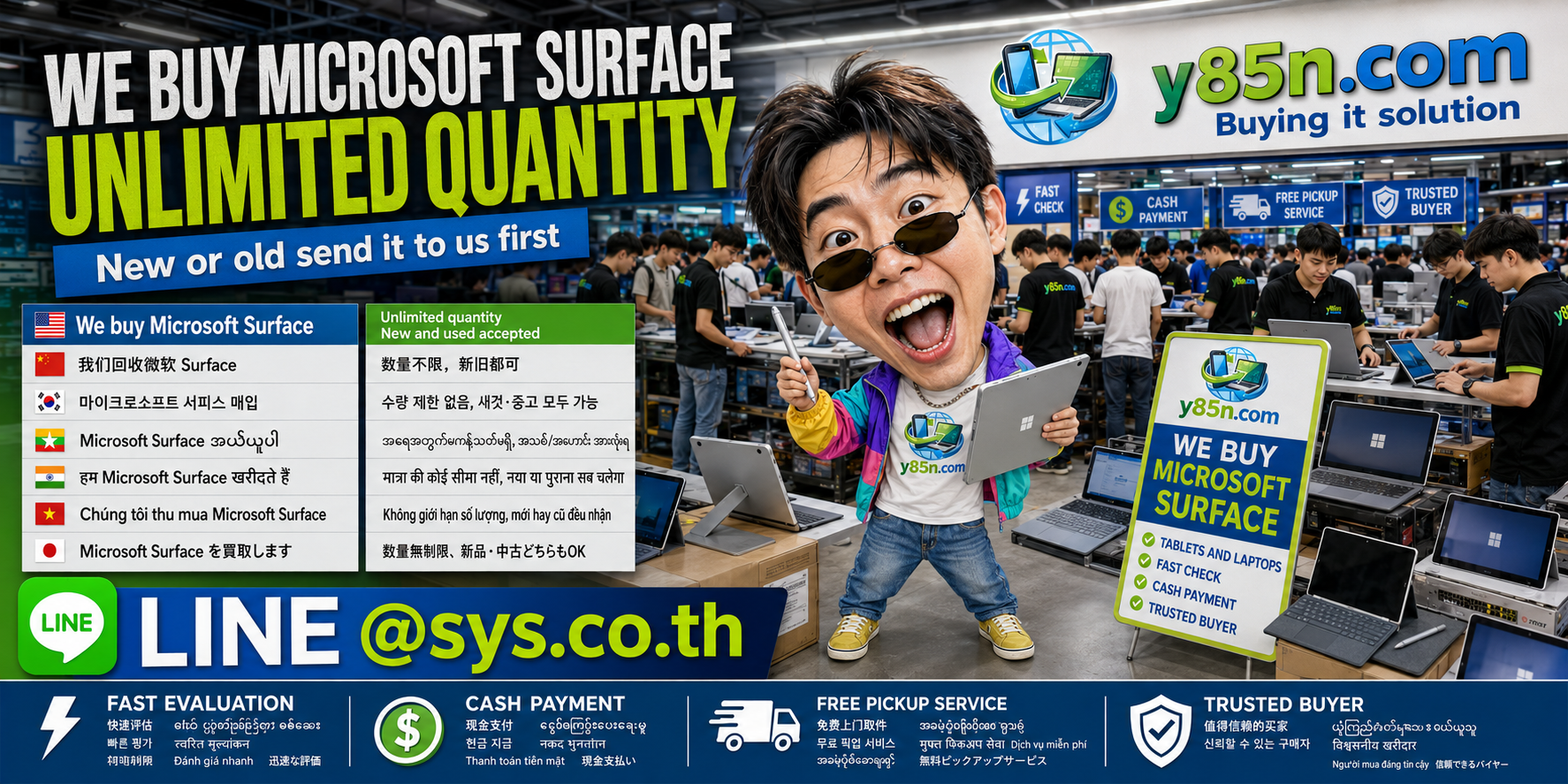 Y85N.com buying Microsoft Surface  devices at a busy IT warehouse in Thailand