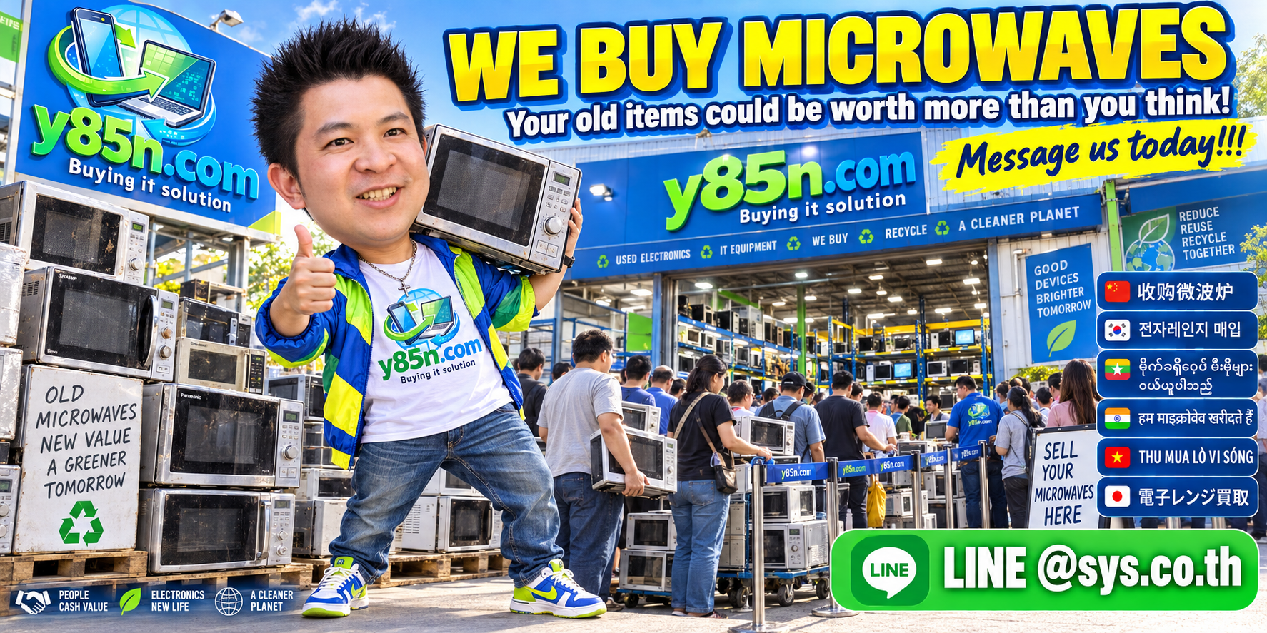 Y85N.com warehouse buying used microwave ovens with international seller support in Thailand