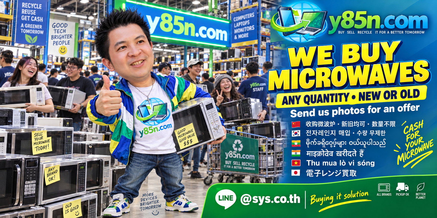 Y85N.com microwave buying service contact banner with LINE at sys.co.th