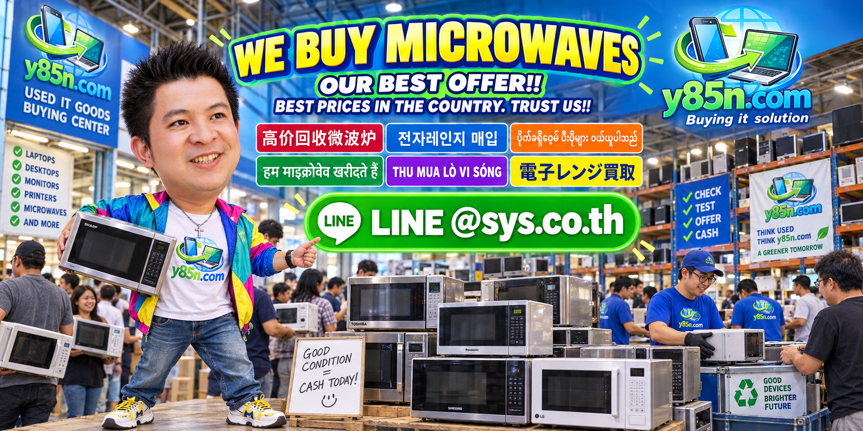 Busy Y85N.com warehouse showing a professional microwave buying service in Thailand