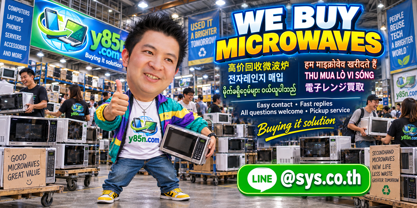 Y85N.com team and customers at a busy warehouse buying used microwave ovens in Thailand