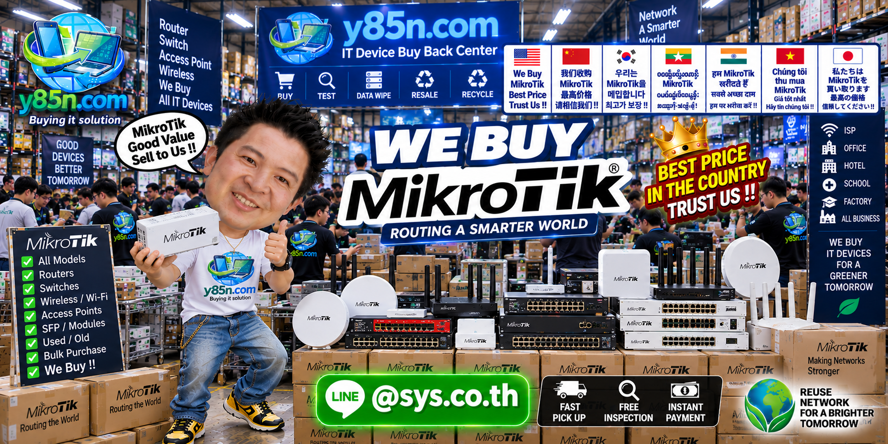 Y85N.com warehouse buying used MikroTik routers switches wireless and network equipment
