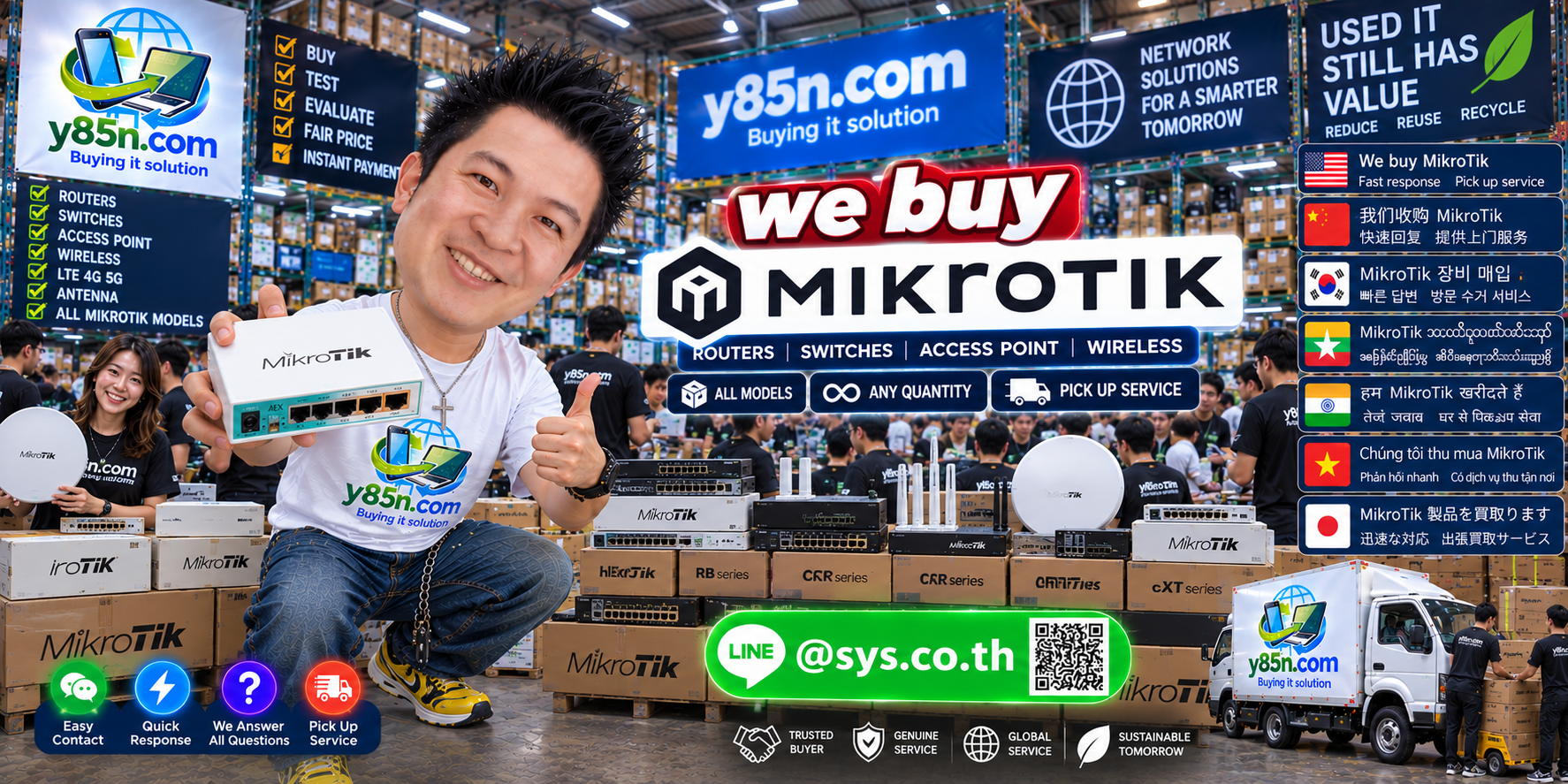 Y85N.com MikroTik buying service contact banner with LINE at sys.co.th