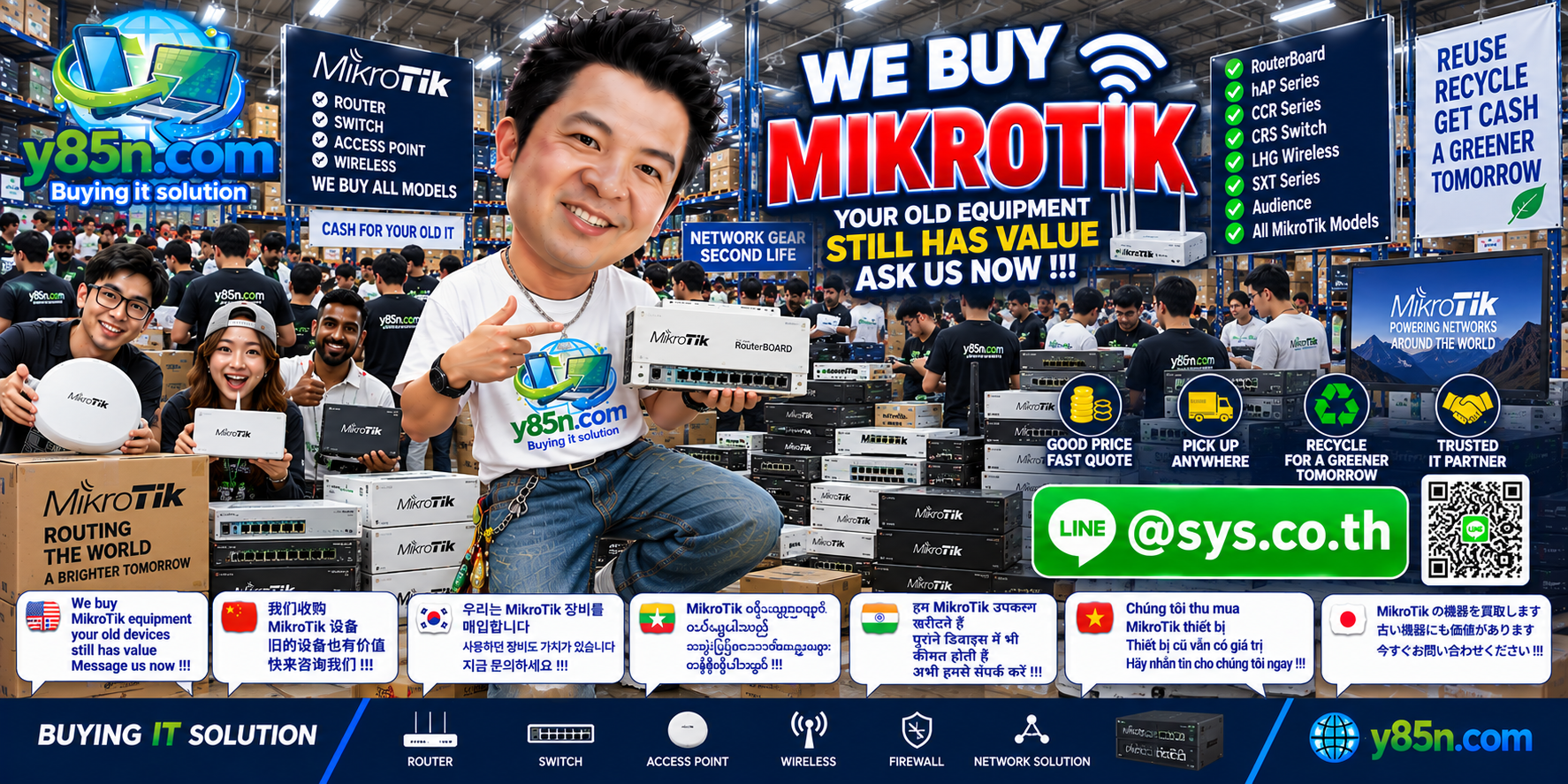 Busy Y85N.com warehouse buying MikroTik routers switches wireless and network equipment in Thailand