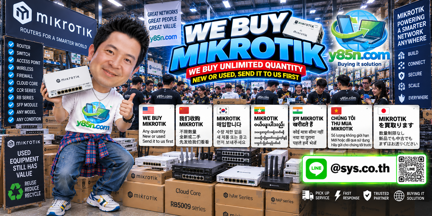 Y85N.com team and customers at a busy warehouse buying MikroTik network equipment