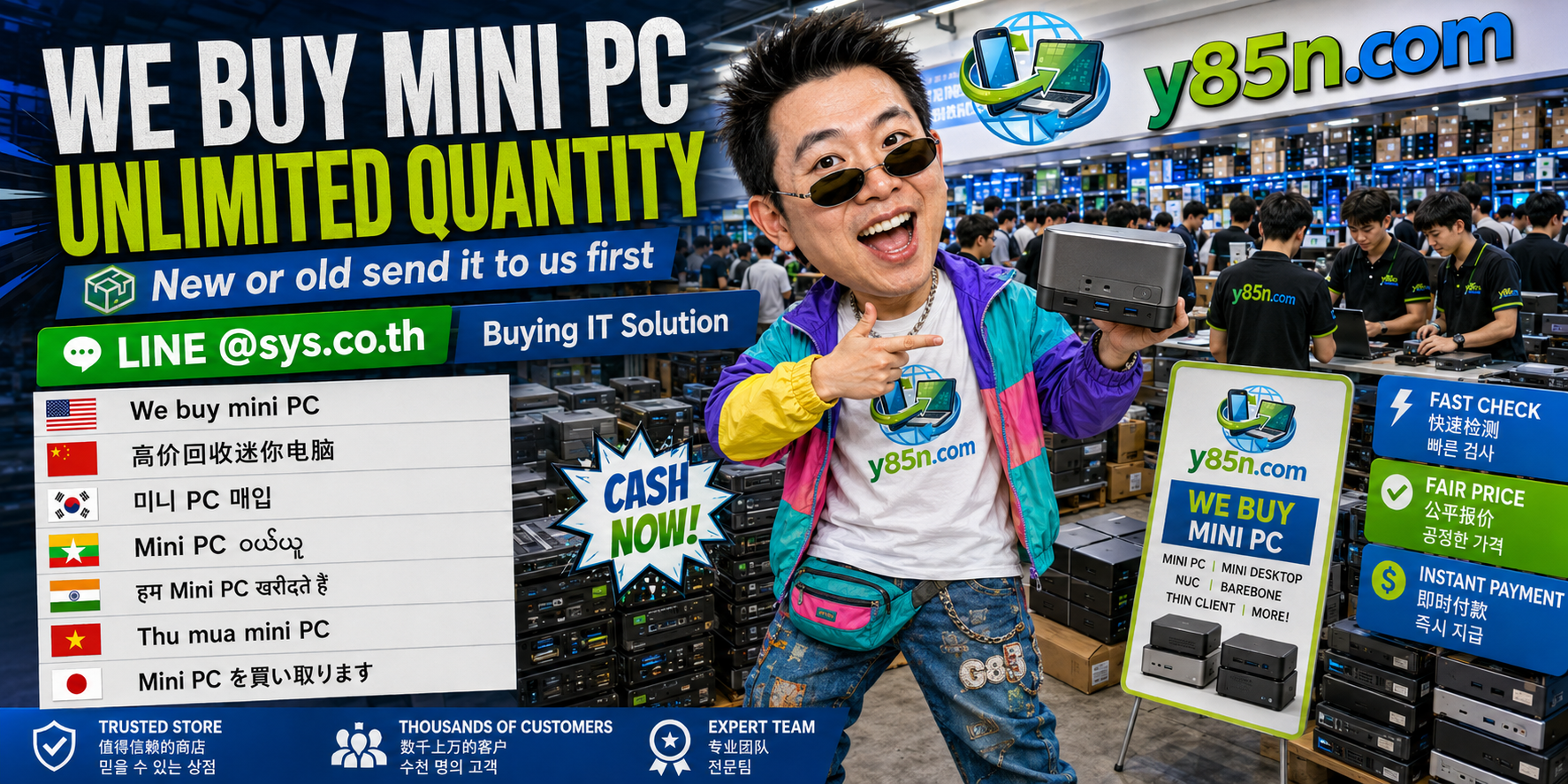Y85N.com warehouse buying Mini PCs with international seller messaging