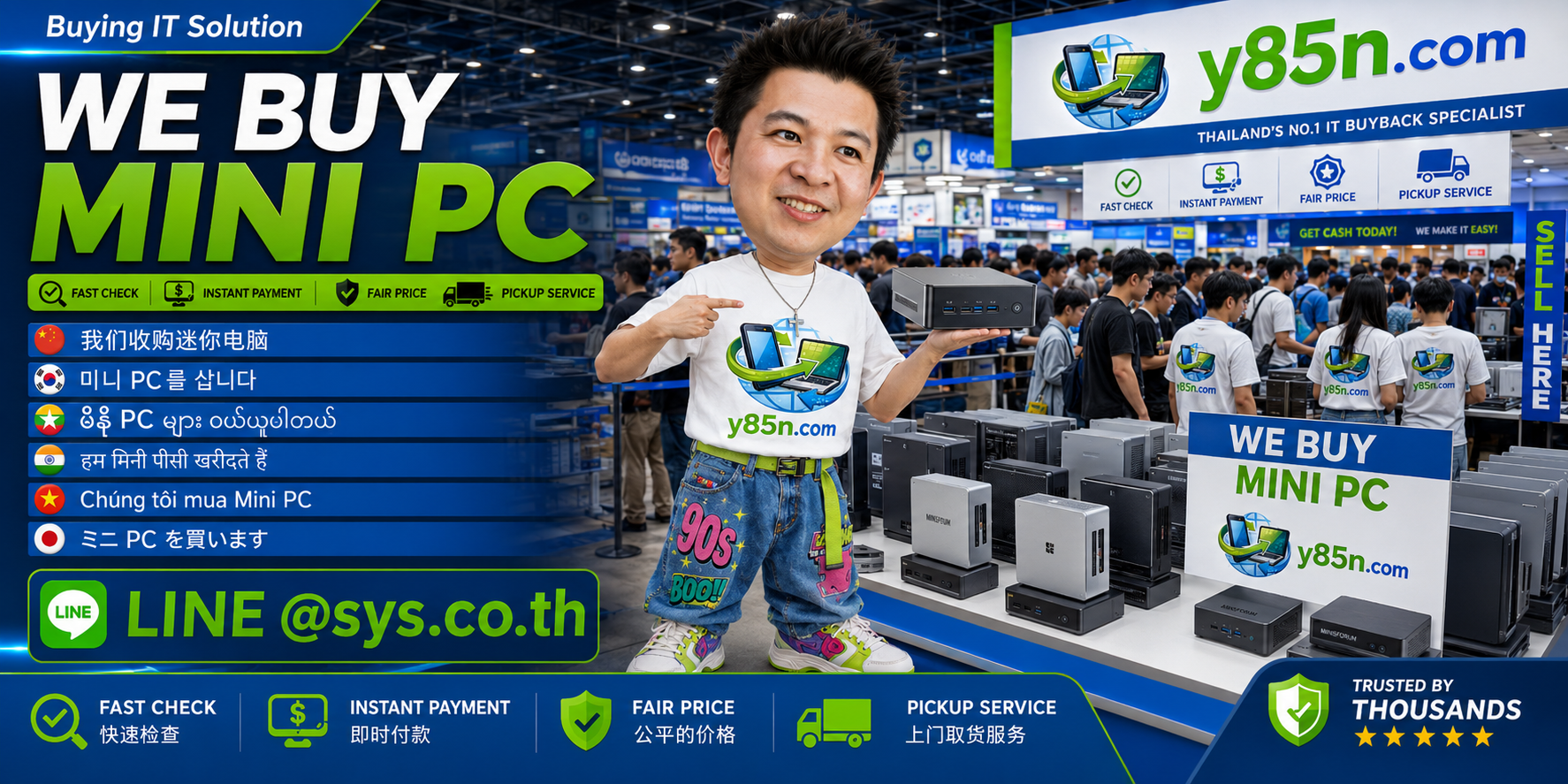 Y85N.com Mini PC buying contact banner with LINE at sys.co.th