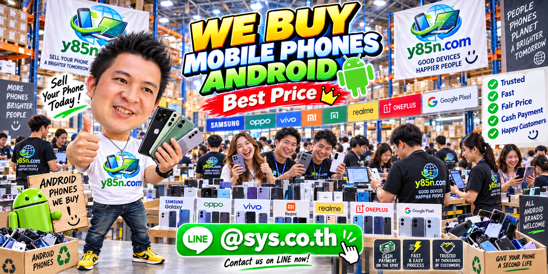 Y85N.com warehouse buying Android mobile phones with international seller messaging