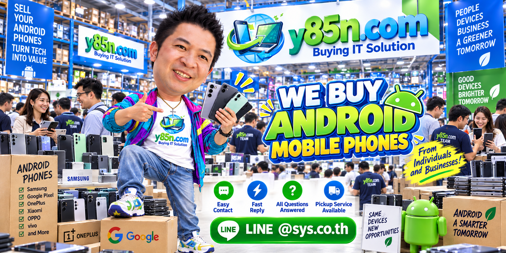 Y85N.com Android mobile phone buying contact banner with LINE at sys.co.th