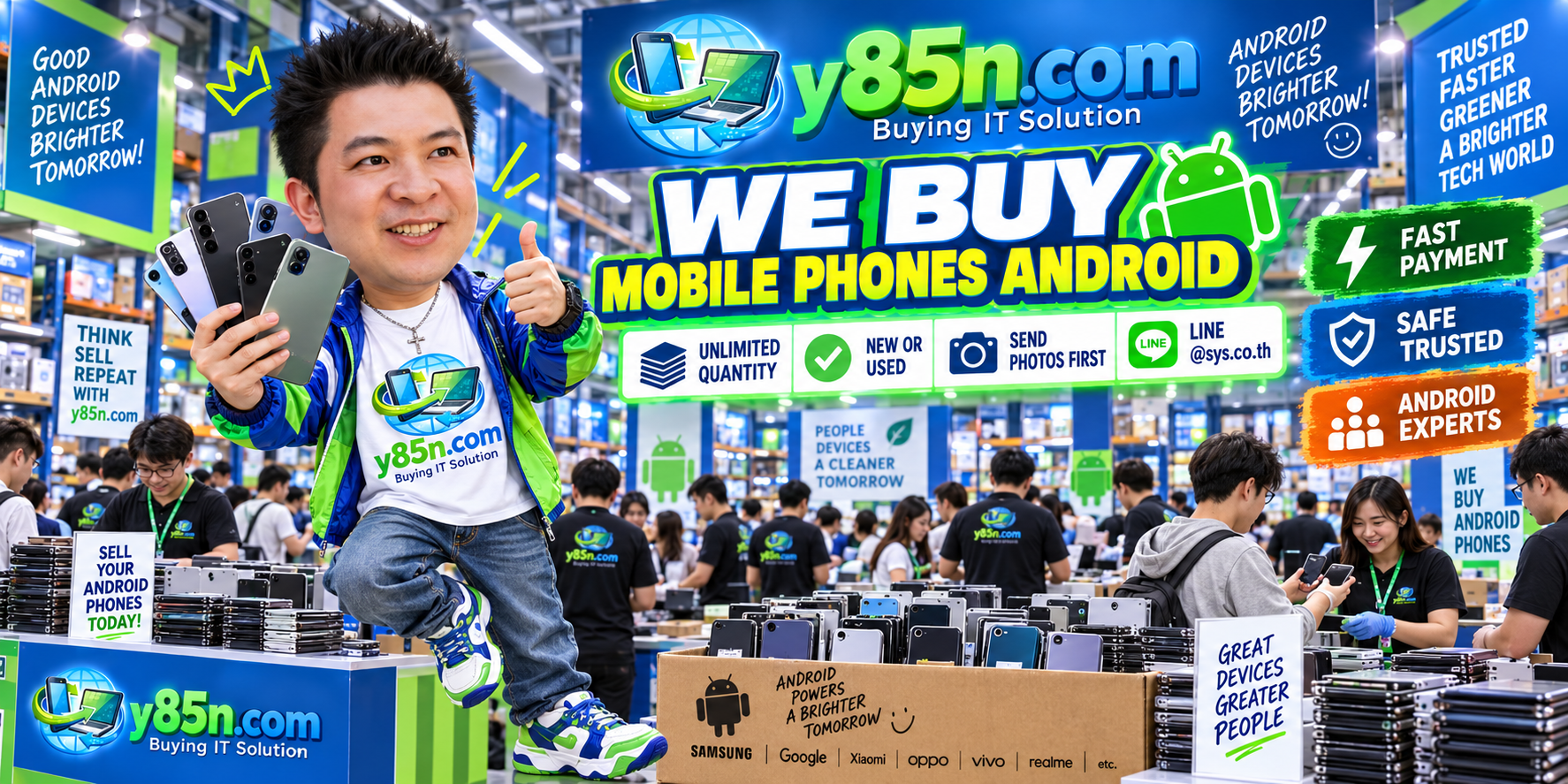 Y85N.com team and customers at a busy Android mobile phone buying warehouse