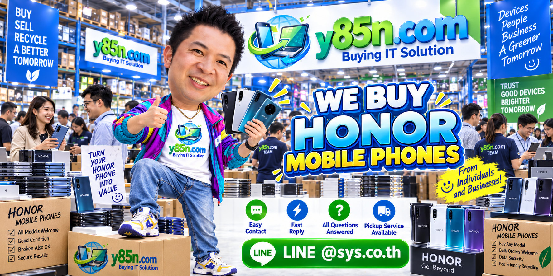 Y85N.com HONOR mobile phone buying service contact banner with LINE at sys.co.th