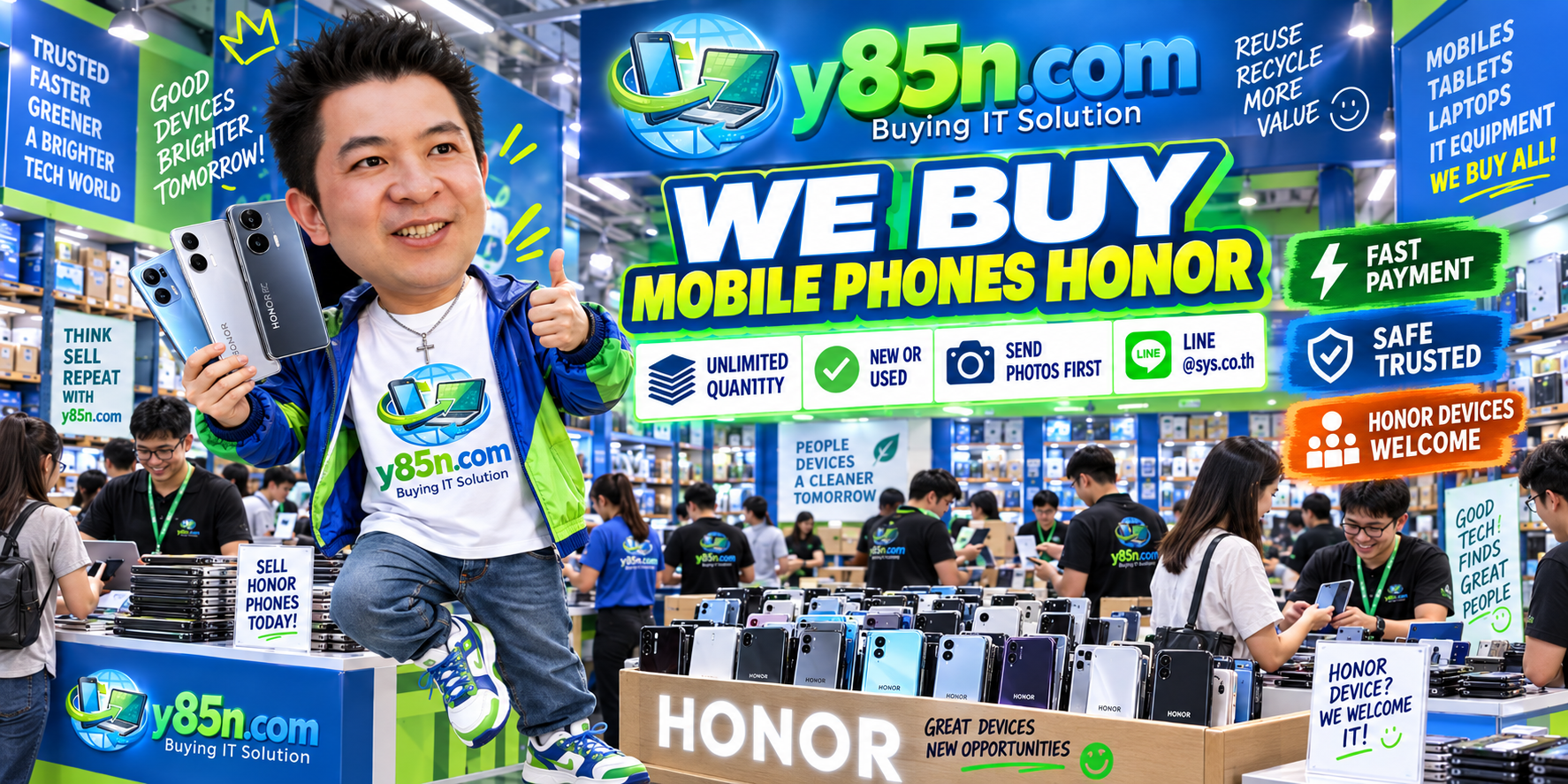 Y85N.com team and customers at a busy HONOR phone buying warehouse
