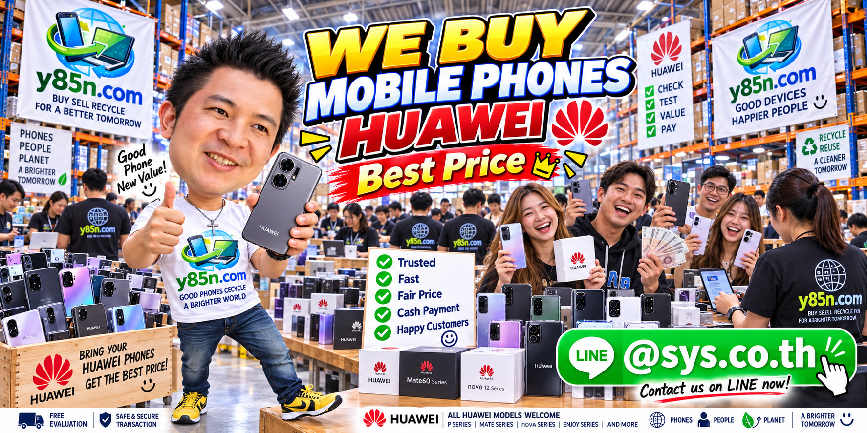 Y85N.com warehouse buying used HUAWEI mobile phones with international seller messaging