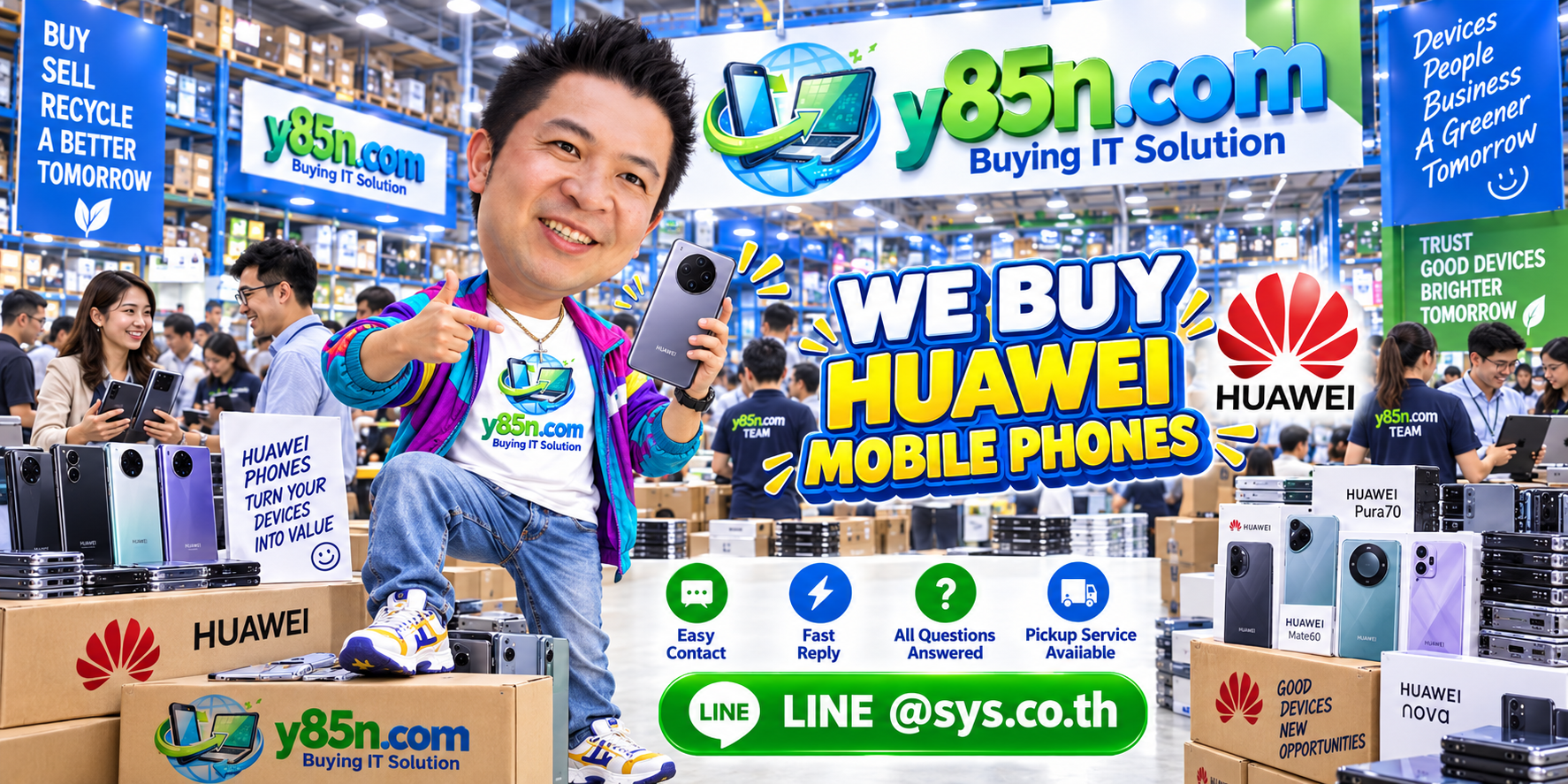 Y85N.com HUAWEI phone buying service contact banner with LINE at sys.co.th
