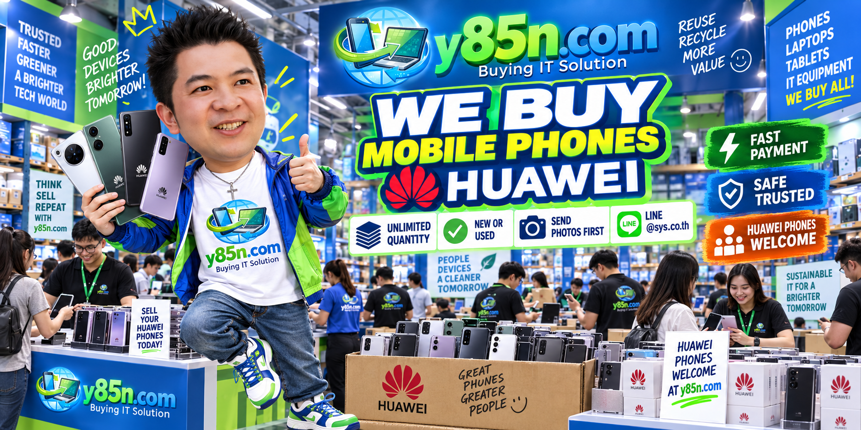 Y85N.com team and customers at a busy HUAWEI phone buying warehouse