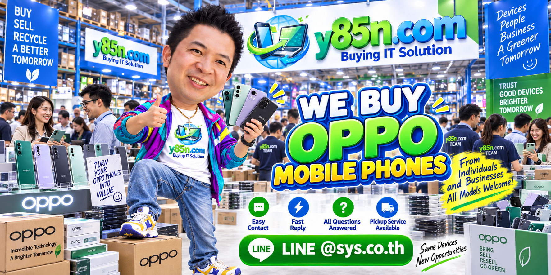 Y85N.com OPPO mobile phone buying service contact banner with LINE at sys.co.th