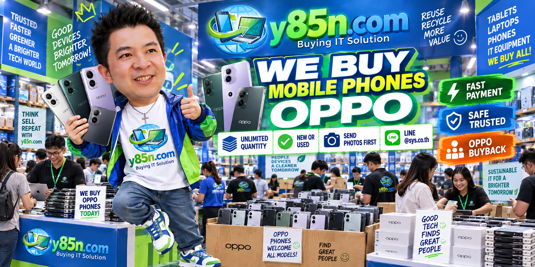 Y85N.com team and customers at a busy OPPO mobile phone buying warehouse