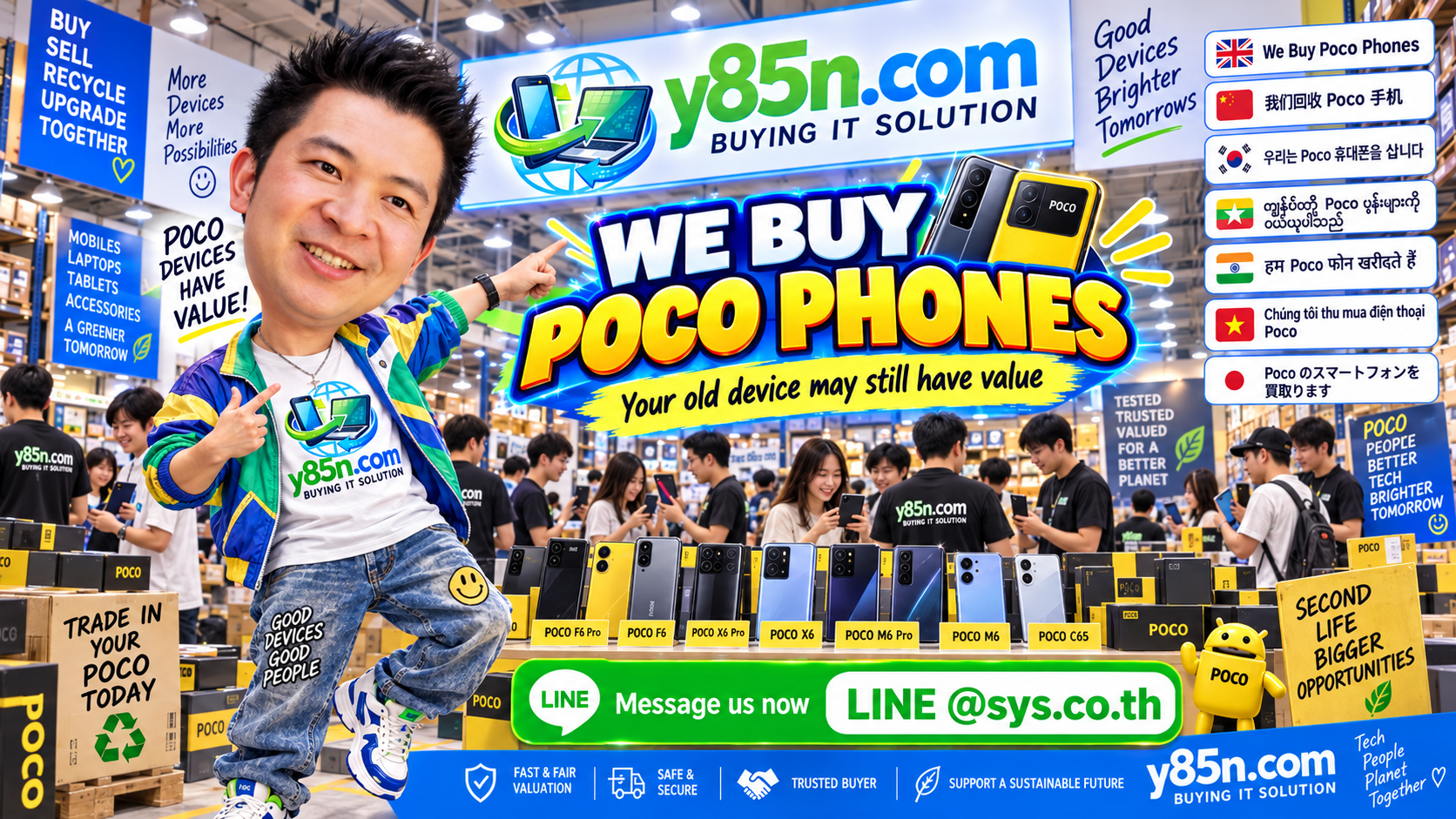 Busy Y85N.com warehouse buying used POCO mobile phones in Thailand