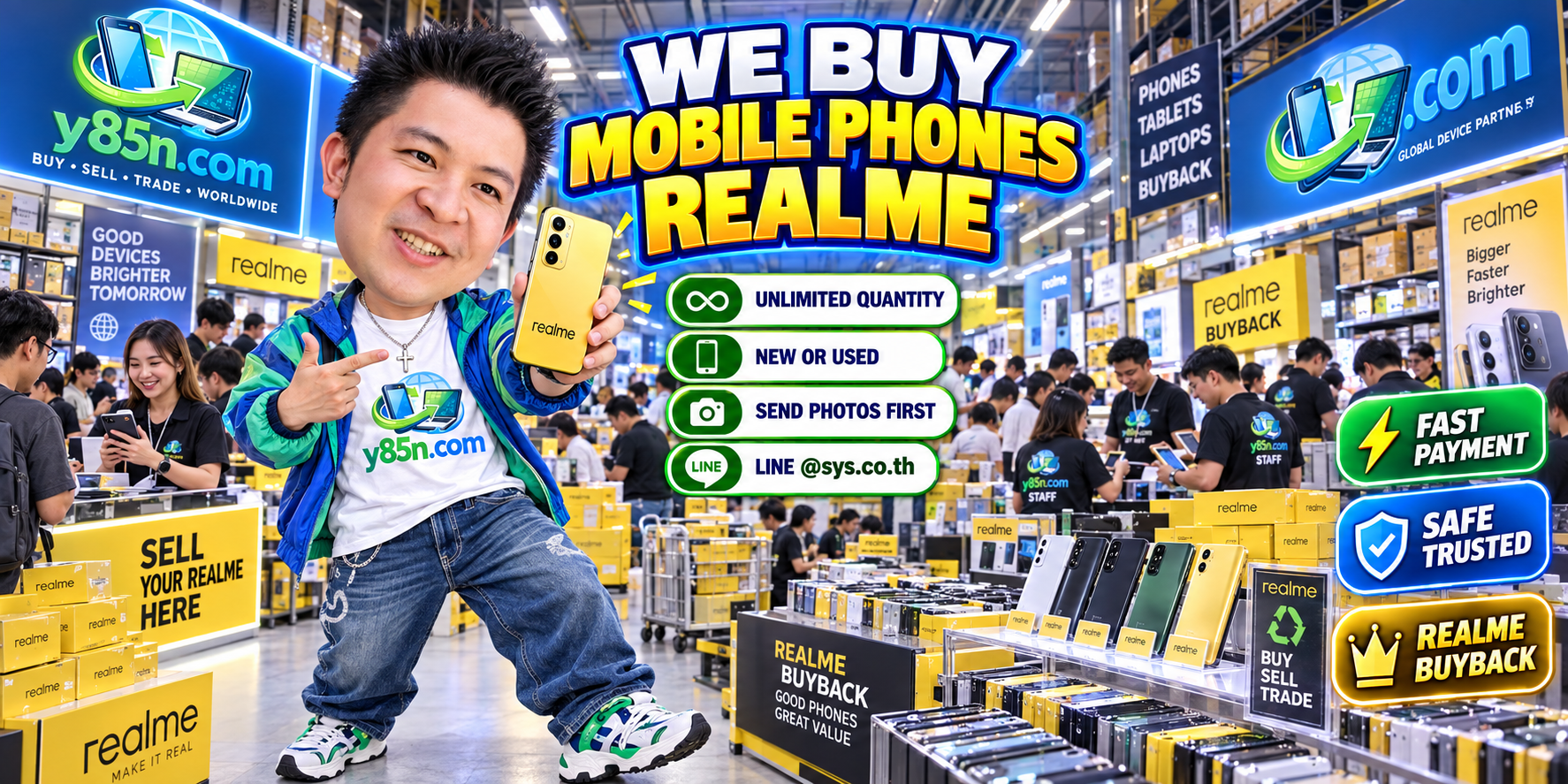 Y85N.com team and customers at a busy realme mobile phone buying warehouse