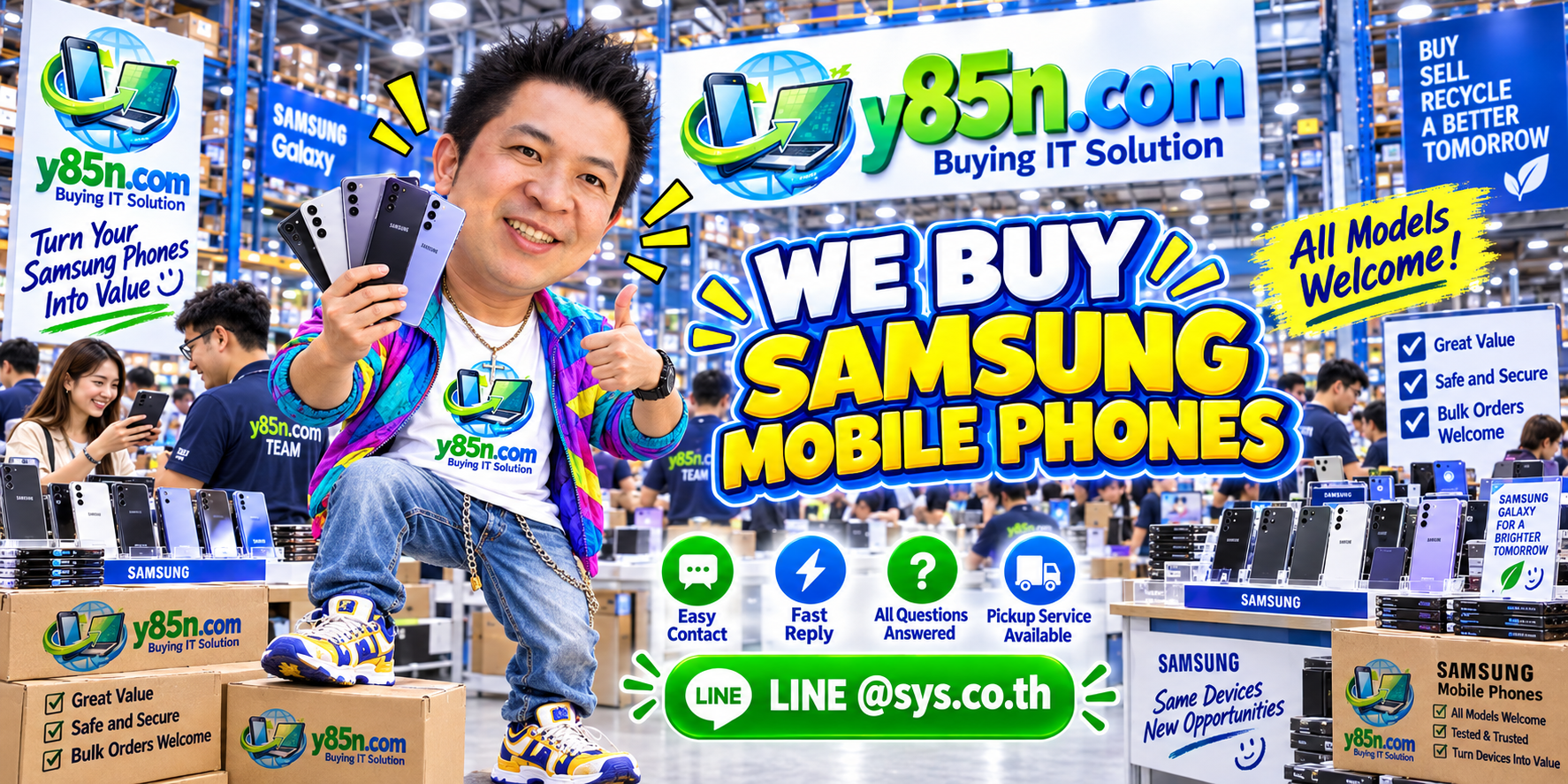 Y85N.com Samsung mobile phone buying service contact banner with LINE at sys.co.th