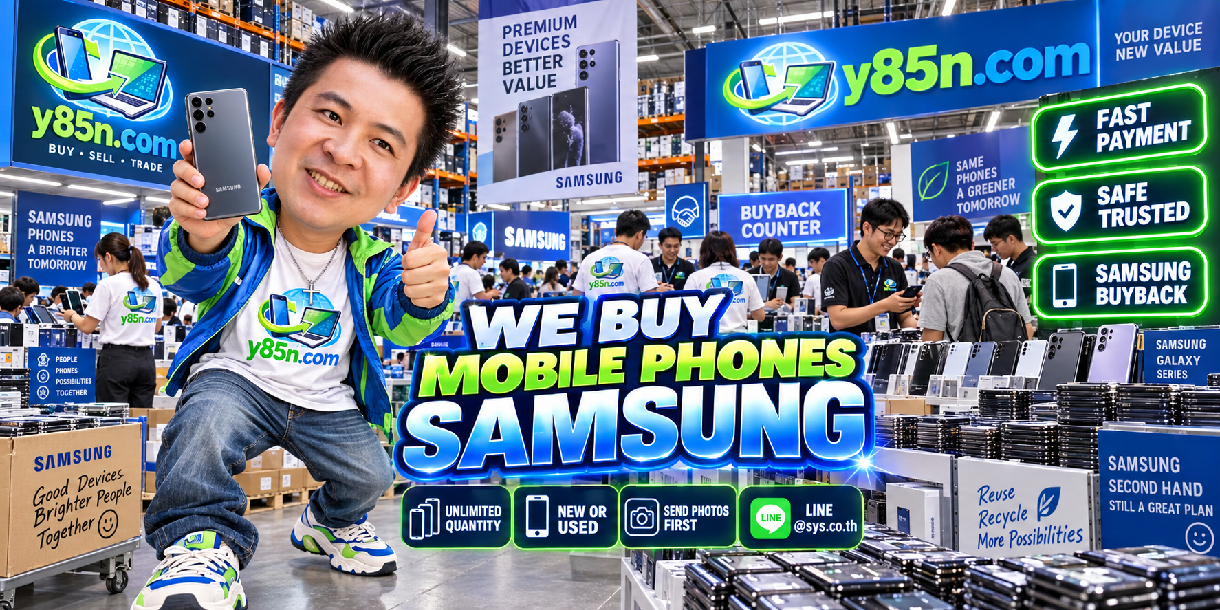 Y85N.com team and customers at a busy Samsung phone buying warehouse