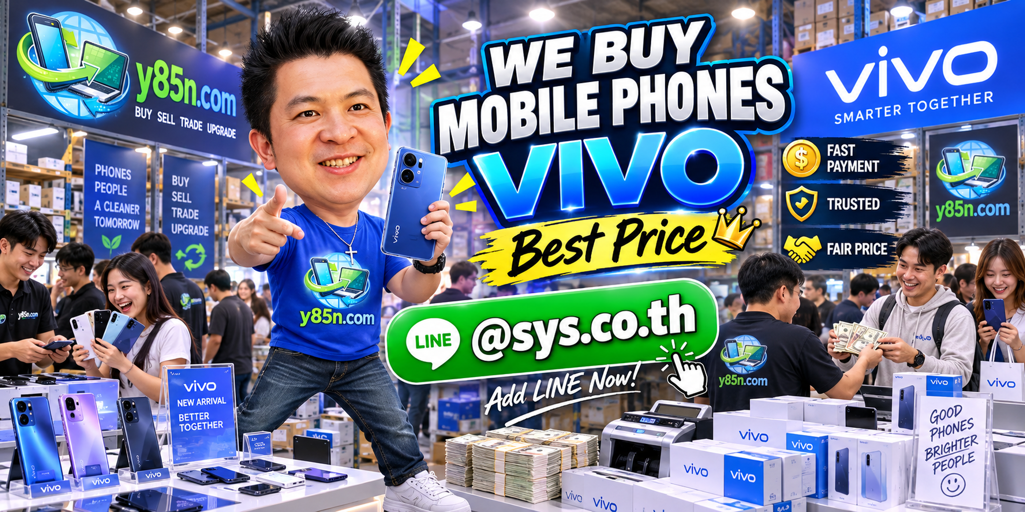 Y85N.com warehouse buying used Vivo mobile phones with international seller support in Thailand