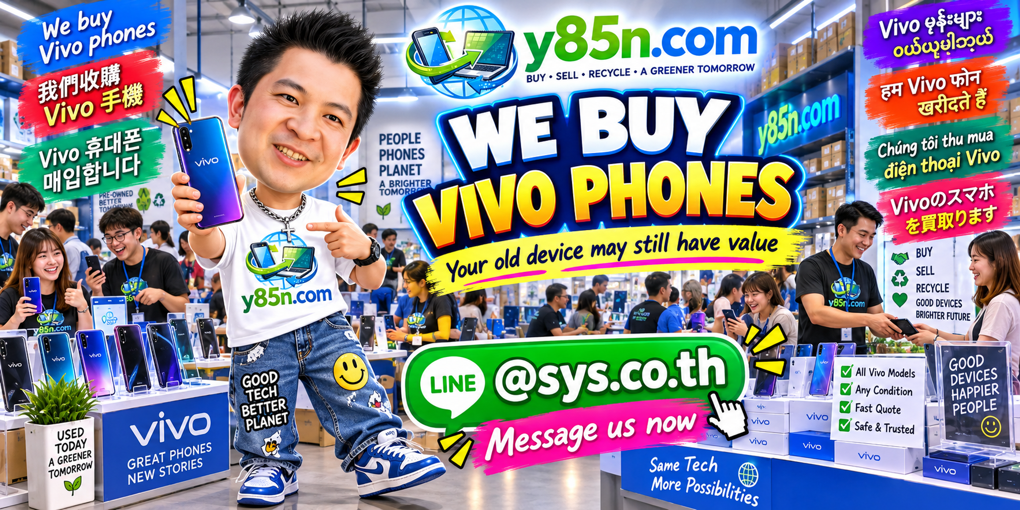 Busy Y85N.com phone buying warehouse for used and bulk Vivo mobile phones in Thailand