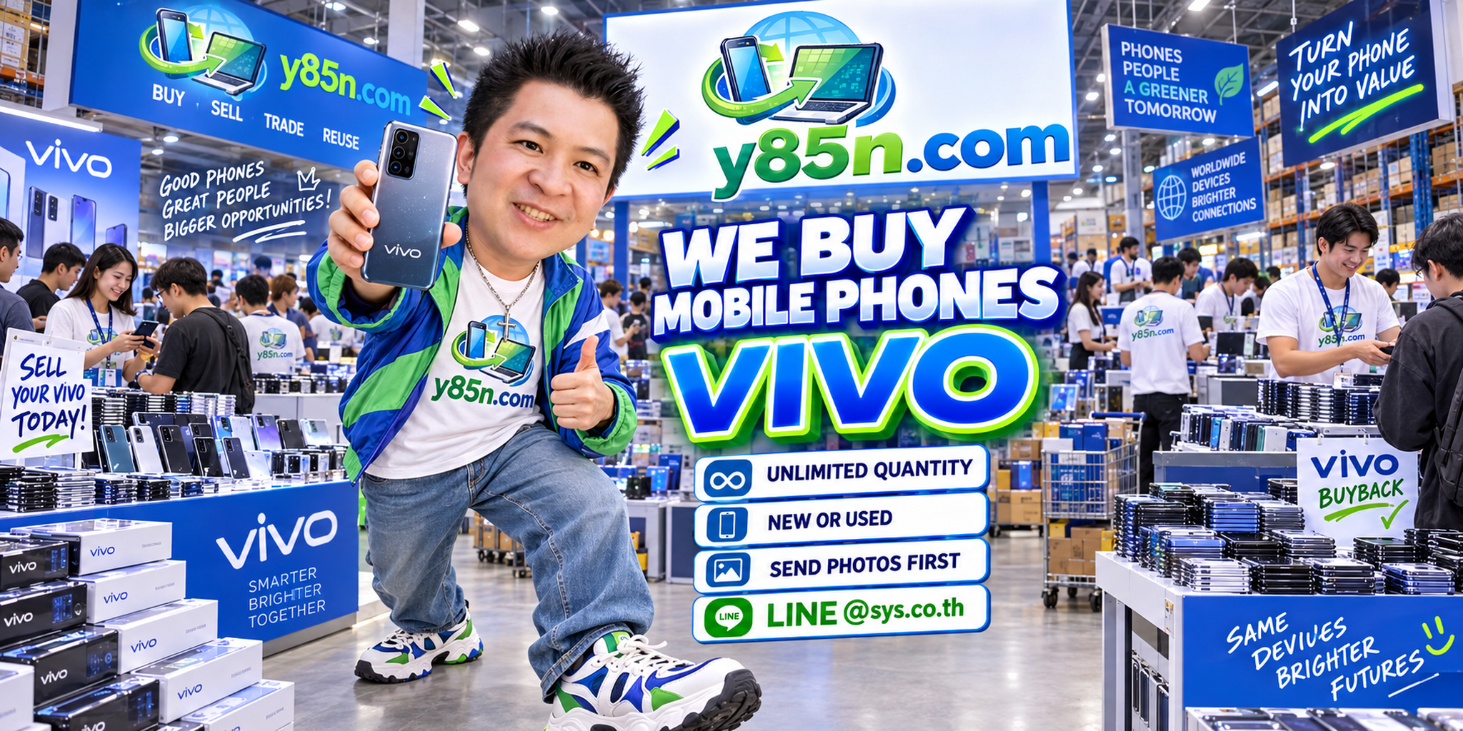 Y85N.com team and customers at a busy Vivo phone buying warehouse in Thailand