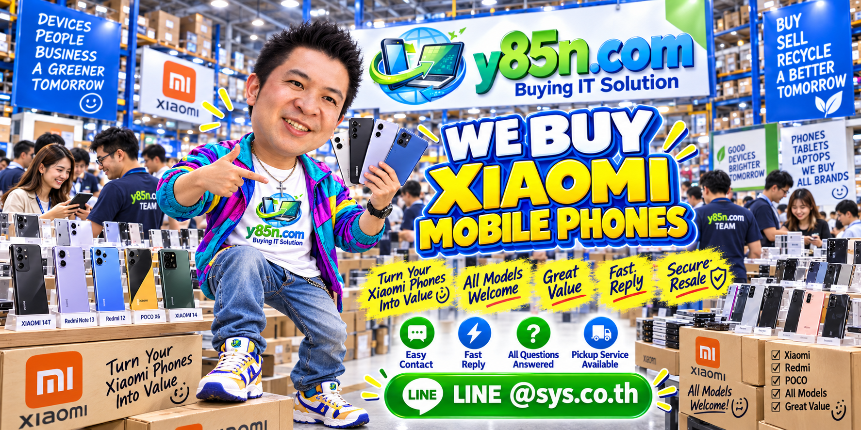 Y85N.com Xiaomi mobile phone buying service contact banner with LINE at sys.co.th