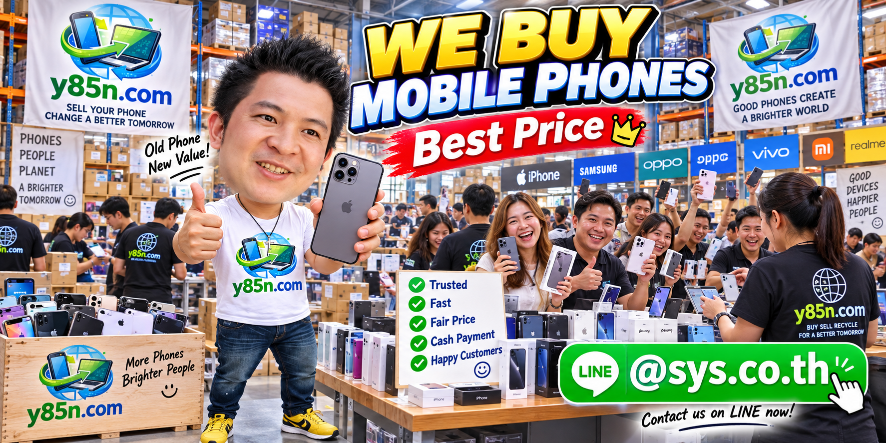 Y85N.com warehouse buying used mobile phones with international seller messaging