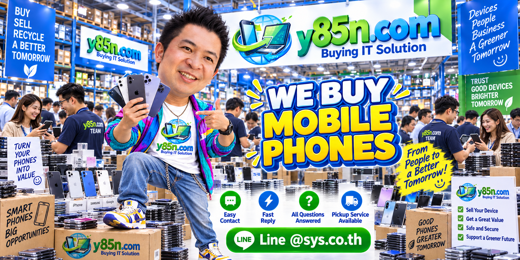 Y85N.com mobile phone buying service contact banner with LINE at sys.co.th