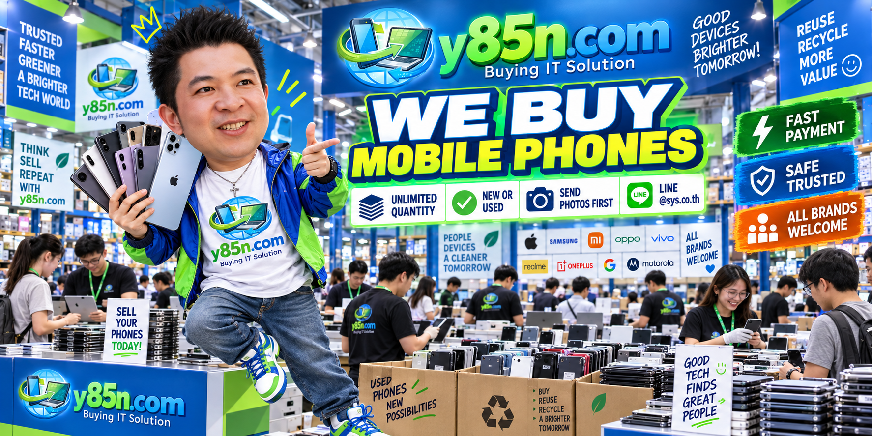Y85N.com team and customers at a busy mobile phone buying warehouse