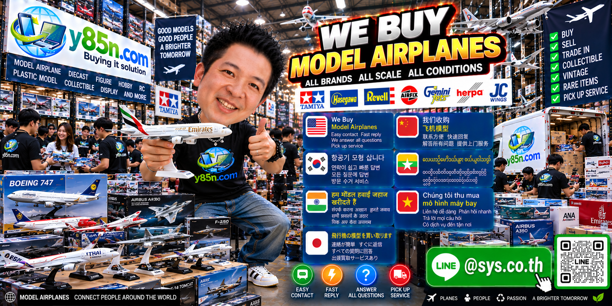Y85N.com model airplane buying service contact banner with LINE at sys.co.th