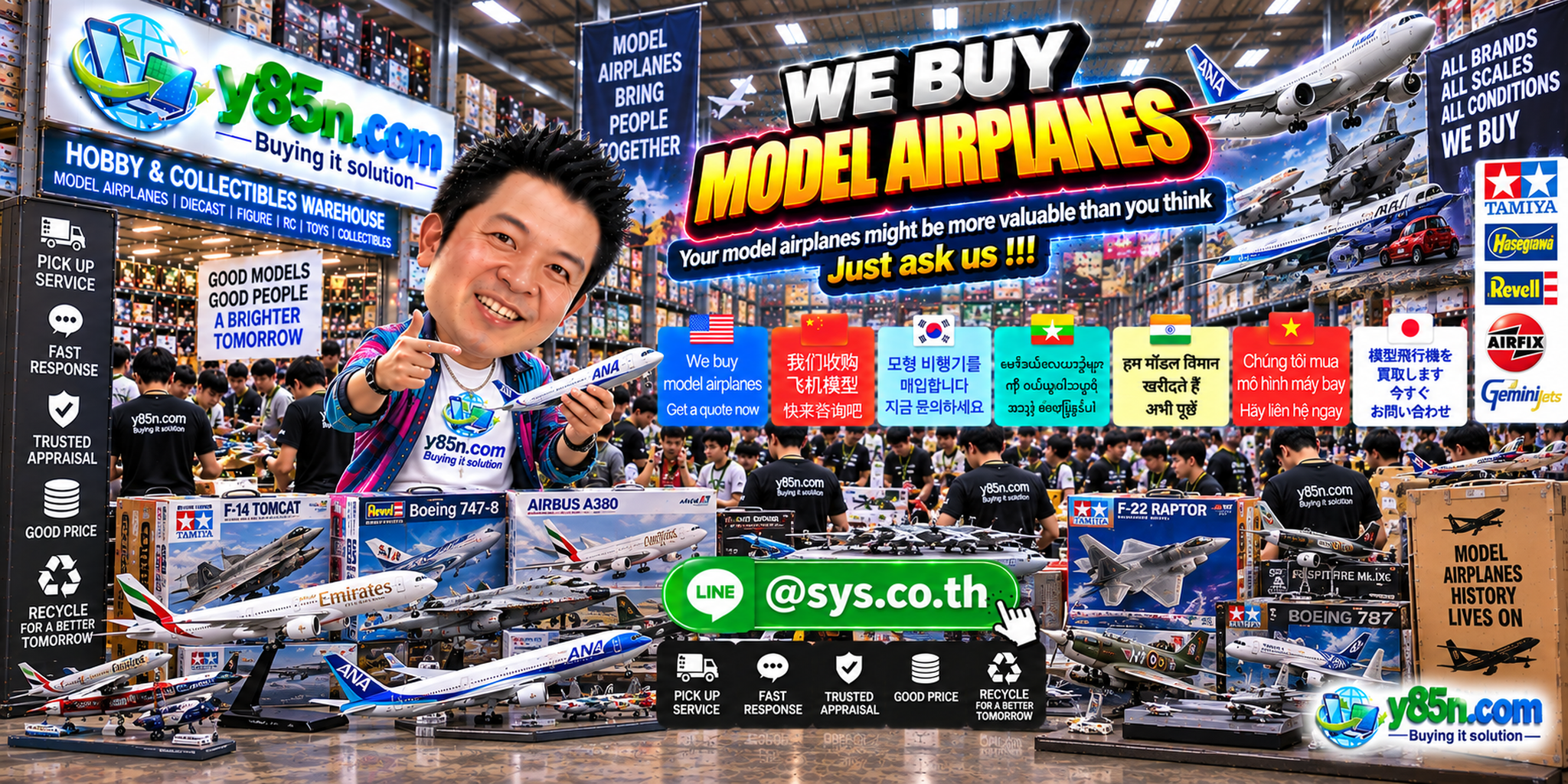 Y85N.com model airplane buying service in a busy Thailand warehouse showroom