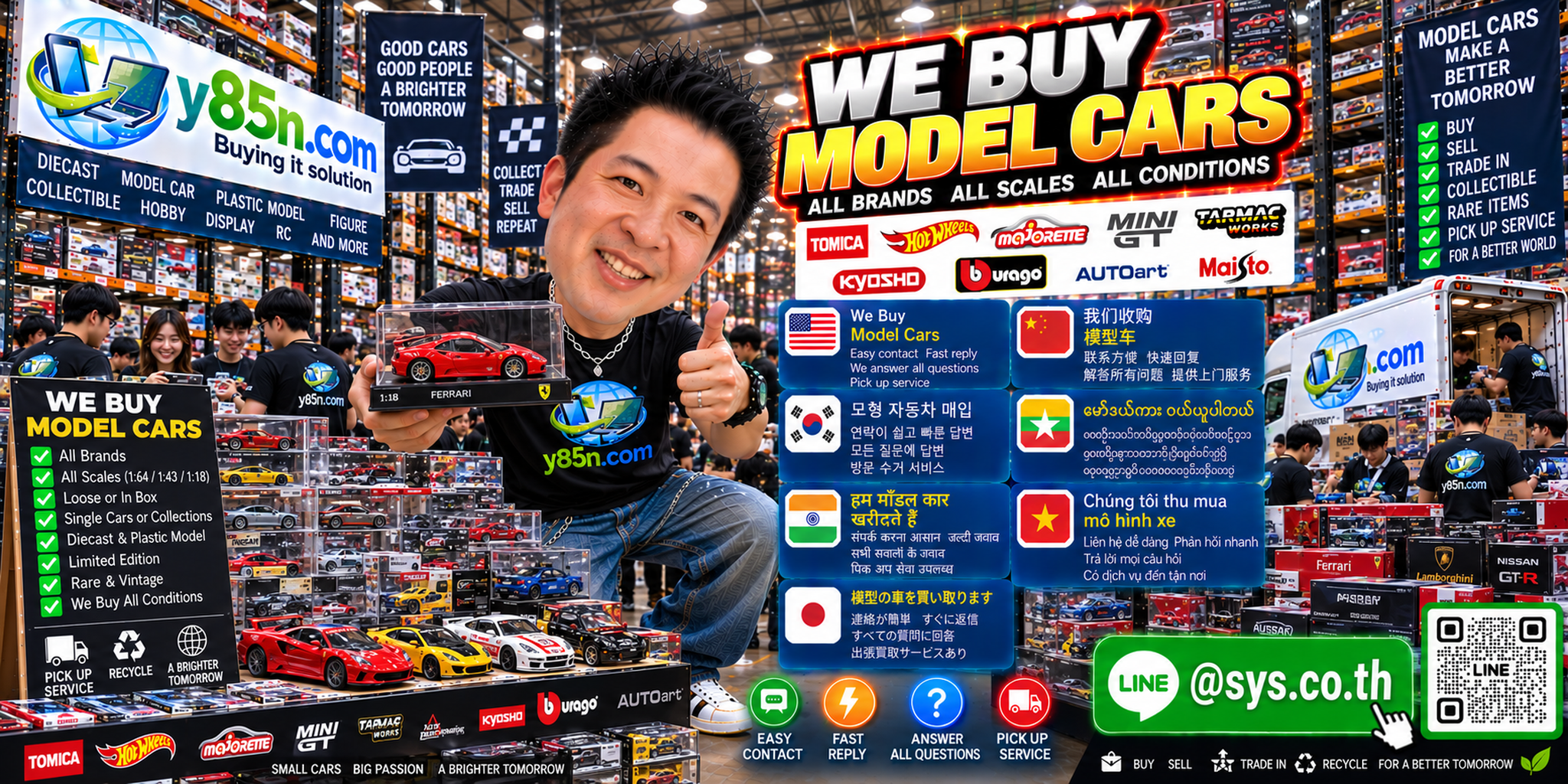Y85N.com model car buying contact banner with LINE at sys.co.th
