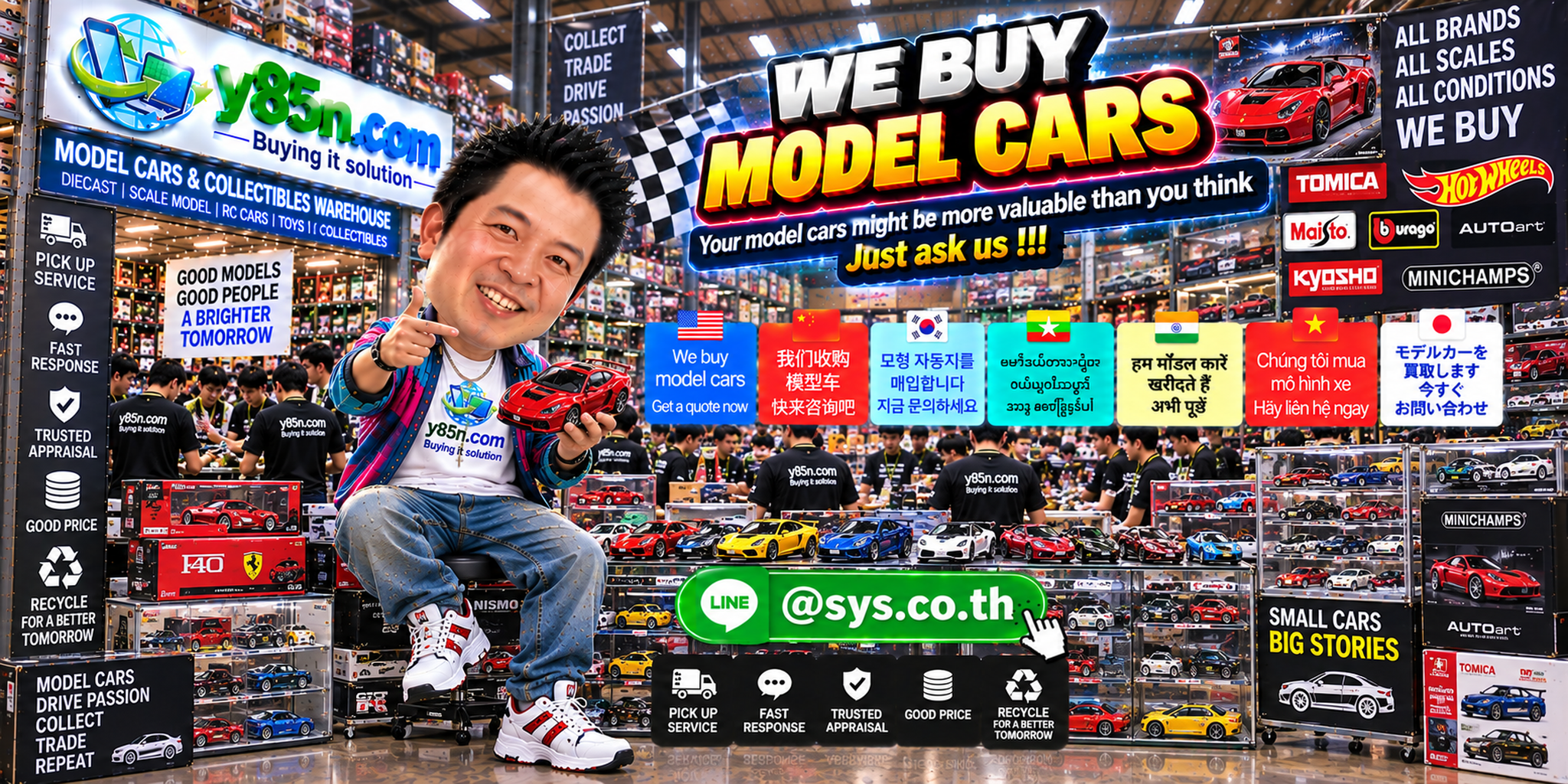 Busy Y85N.com warehouse buying collectible model cars in Thailand