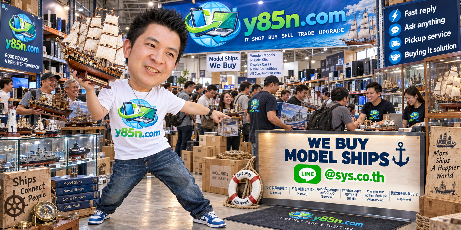 Y85N.com model ship buying contact banner with LINE at sys.co.th