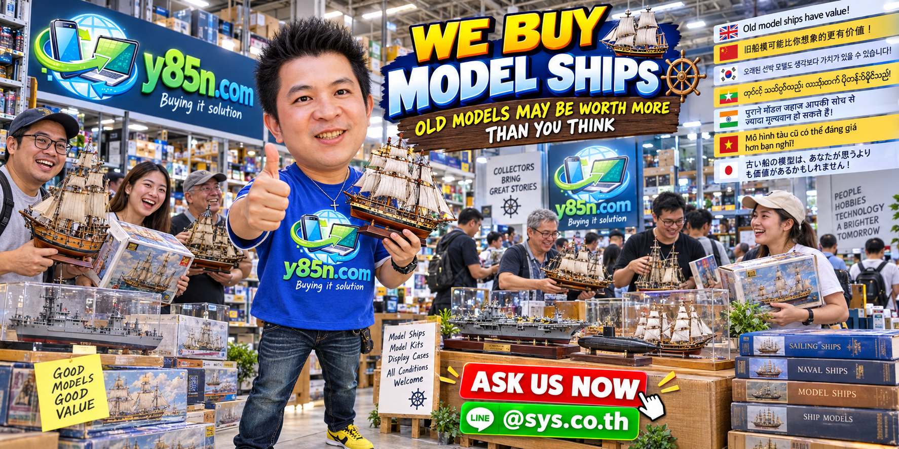 Busy Y85N.com warehouse buying used old collectible and bulk model ships in Thailand