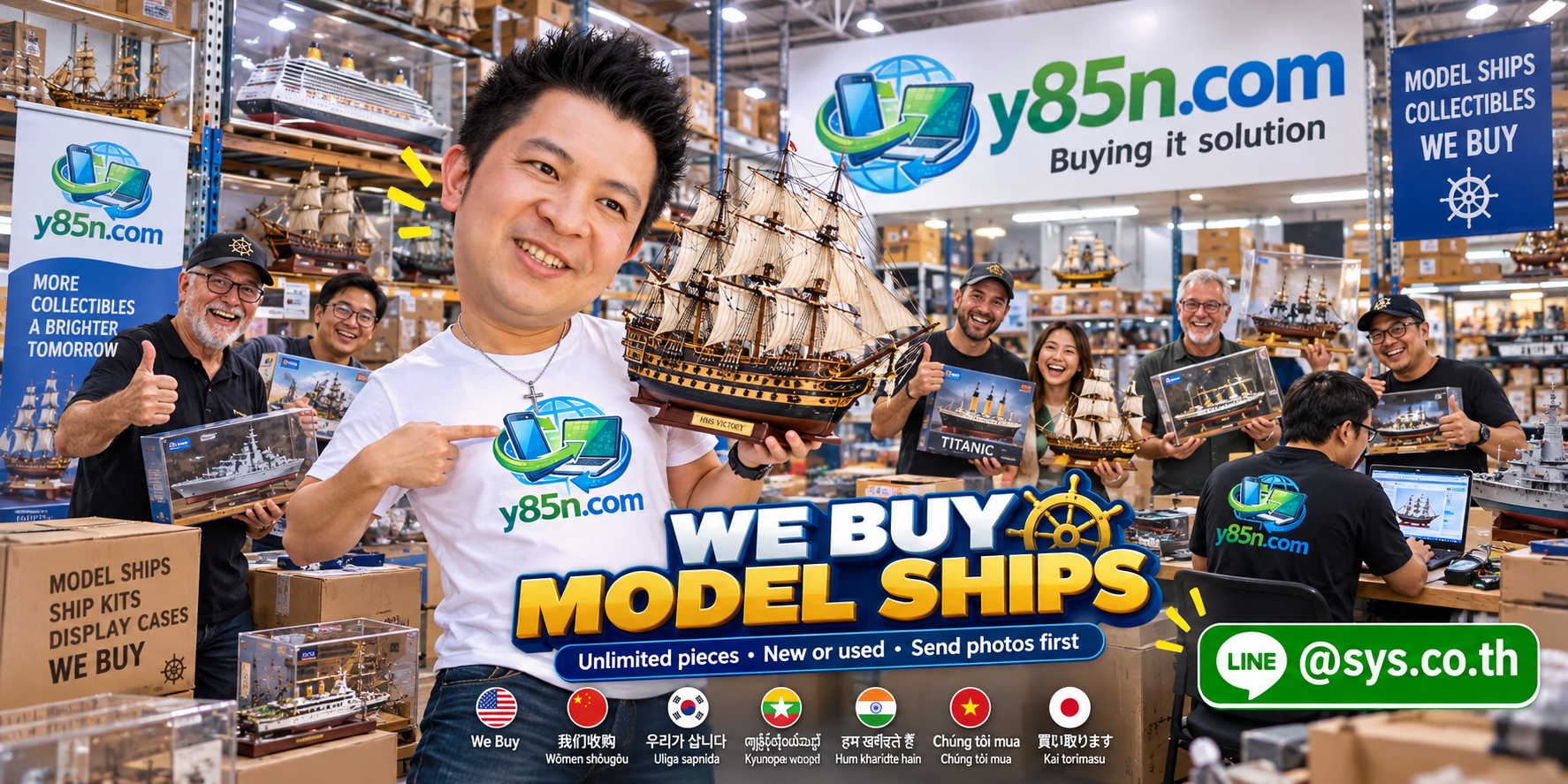 Y85N.com team and collectors at a busy model ship buying warehouse in Thailand