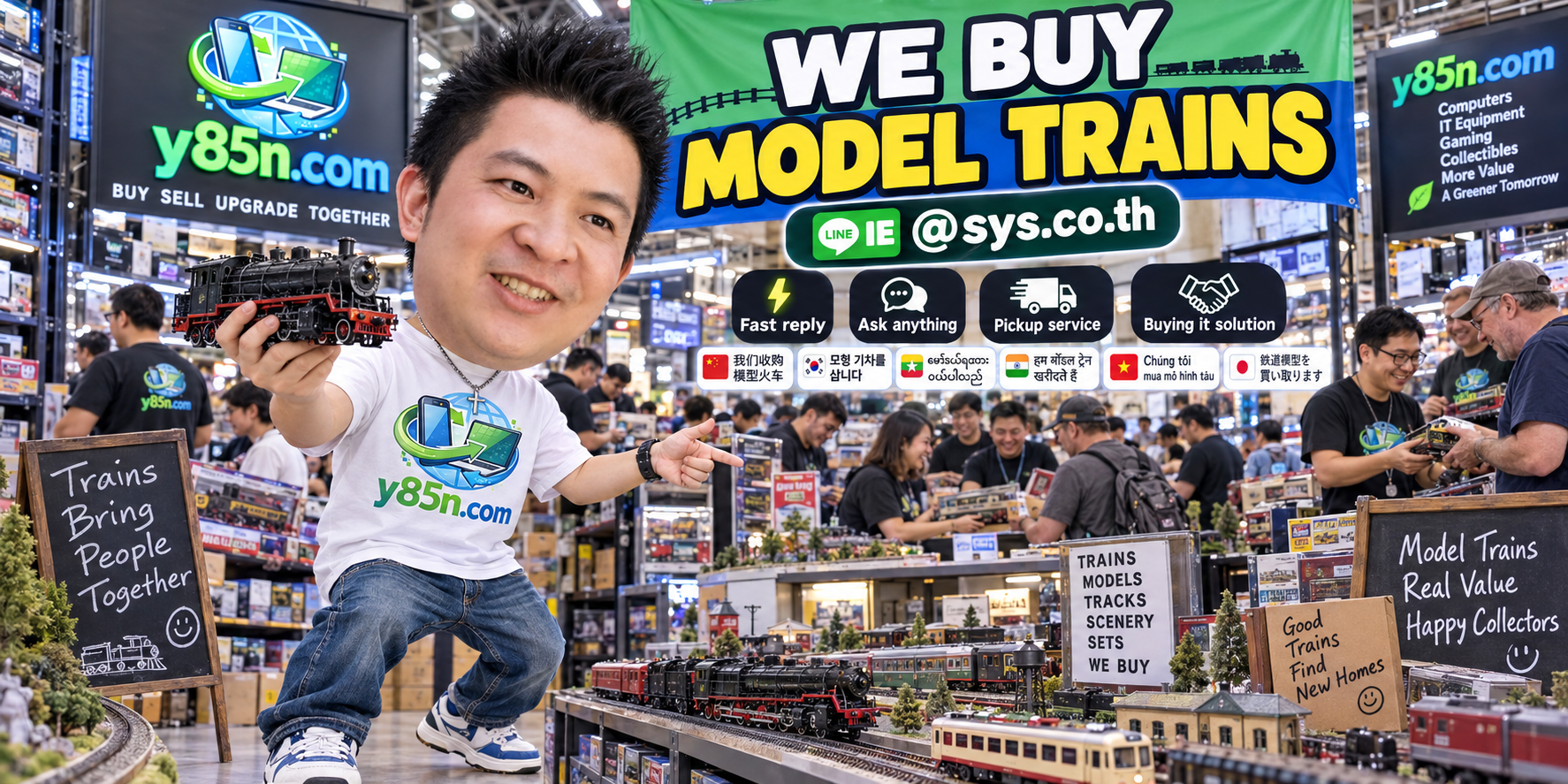 Y85N.com model train buying service contact banner with LINE at sys.co.th