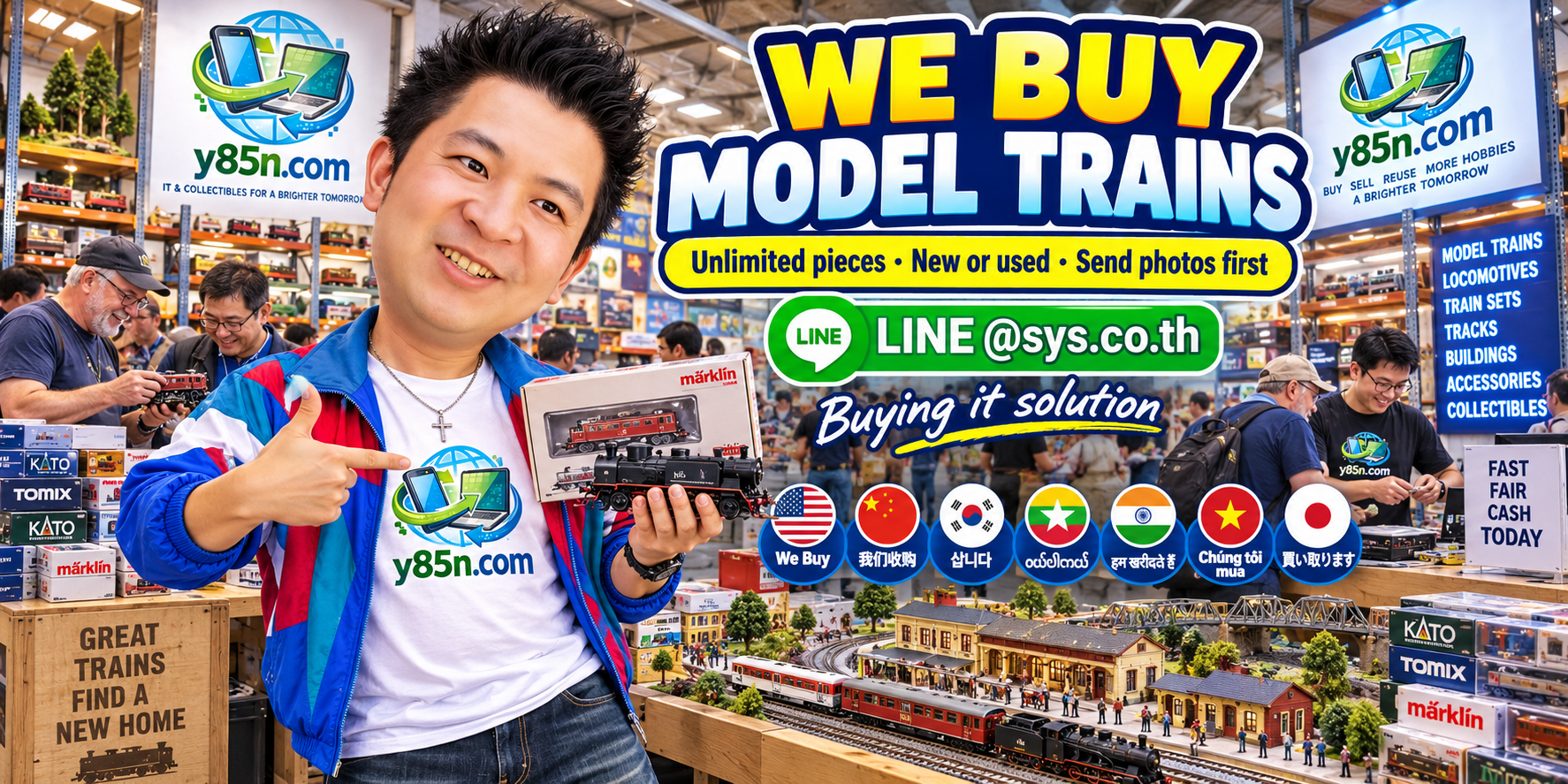 Y85N.com model train buying counter with collectors, locomotives, train sets and railway displays
