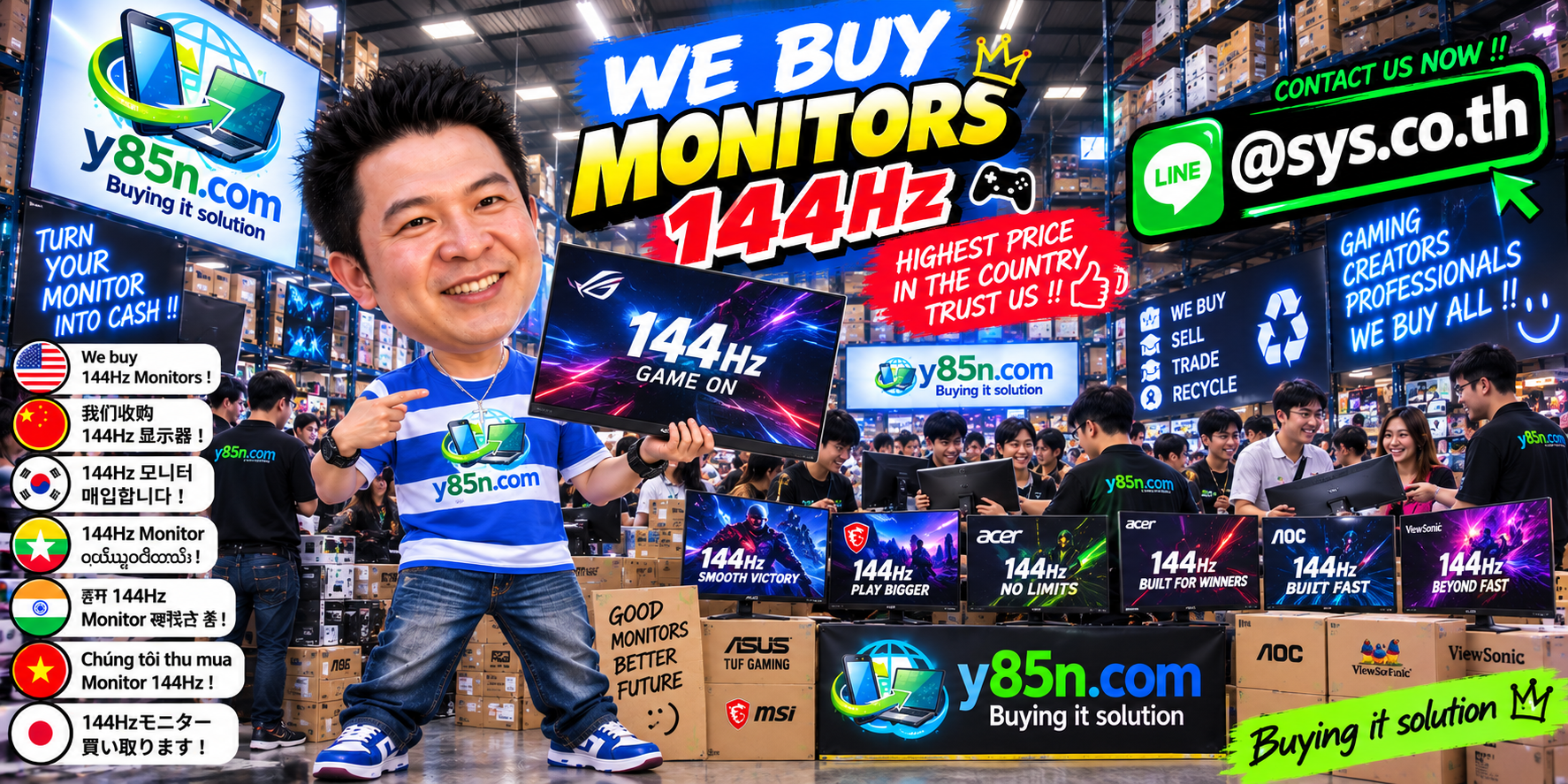Y85N.com warehouse buying used 144Hz monitors and gaming displays