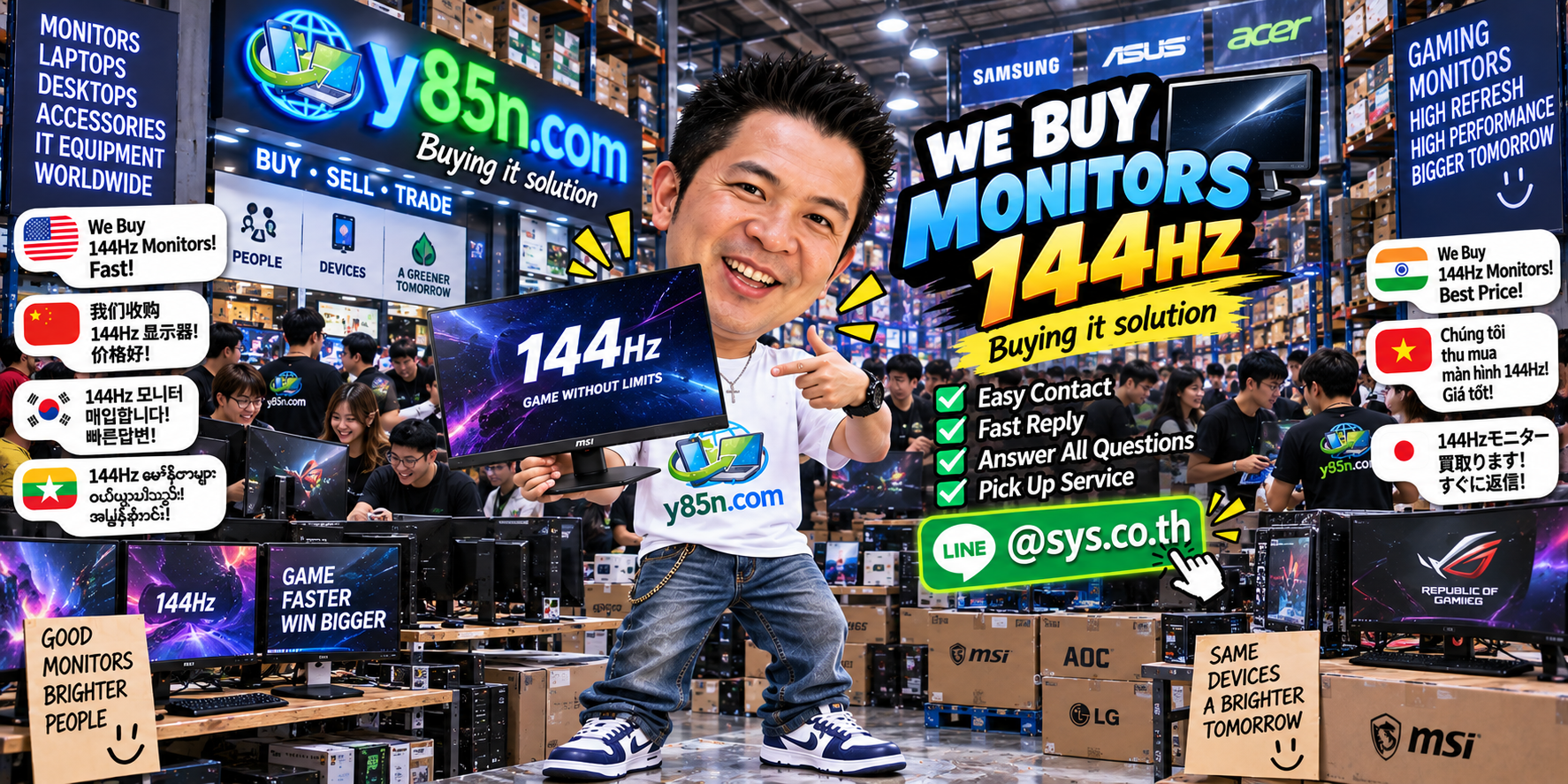 Y85N.com 144Hz monitor buying service contact banner with LINE at sys.co.th