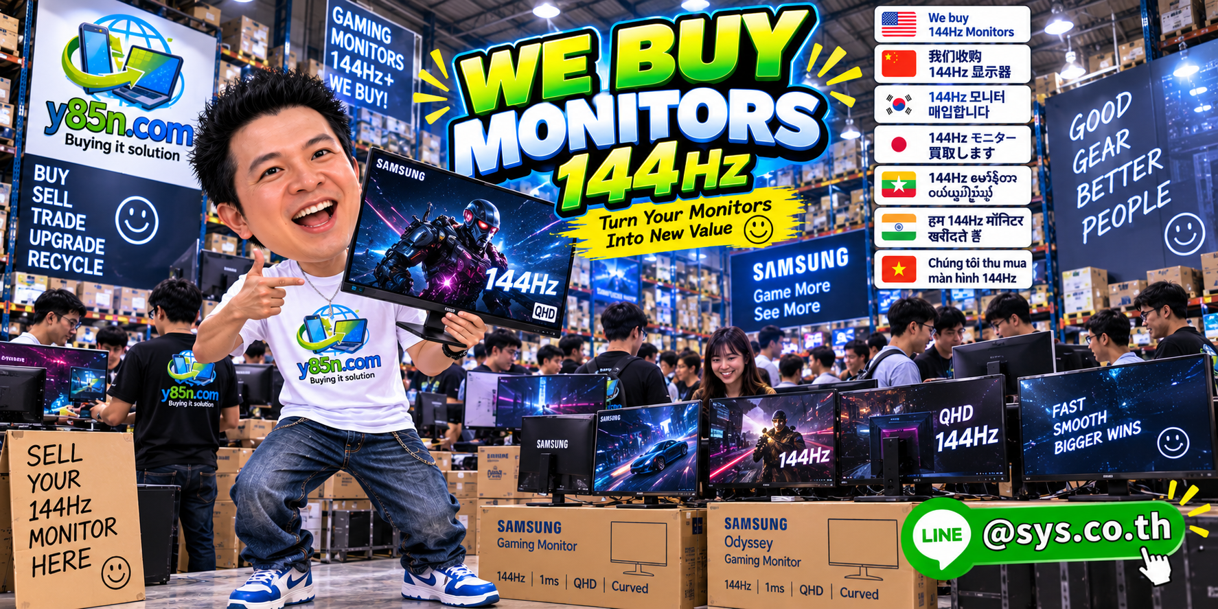 Busy Y85N.com warehouse showing a professional 144Hz monitor buying service in Thailand