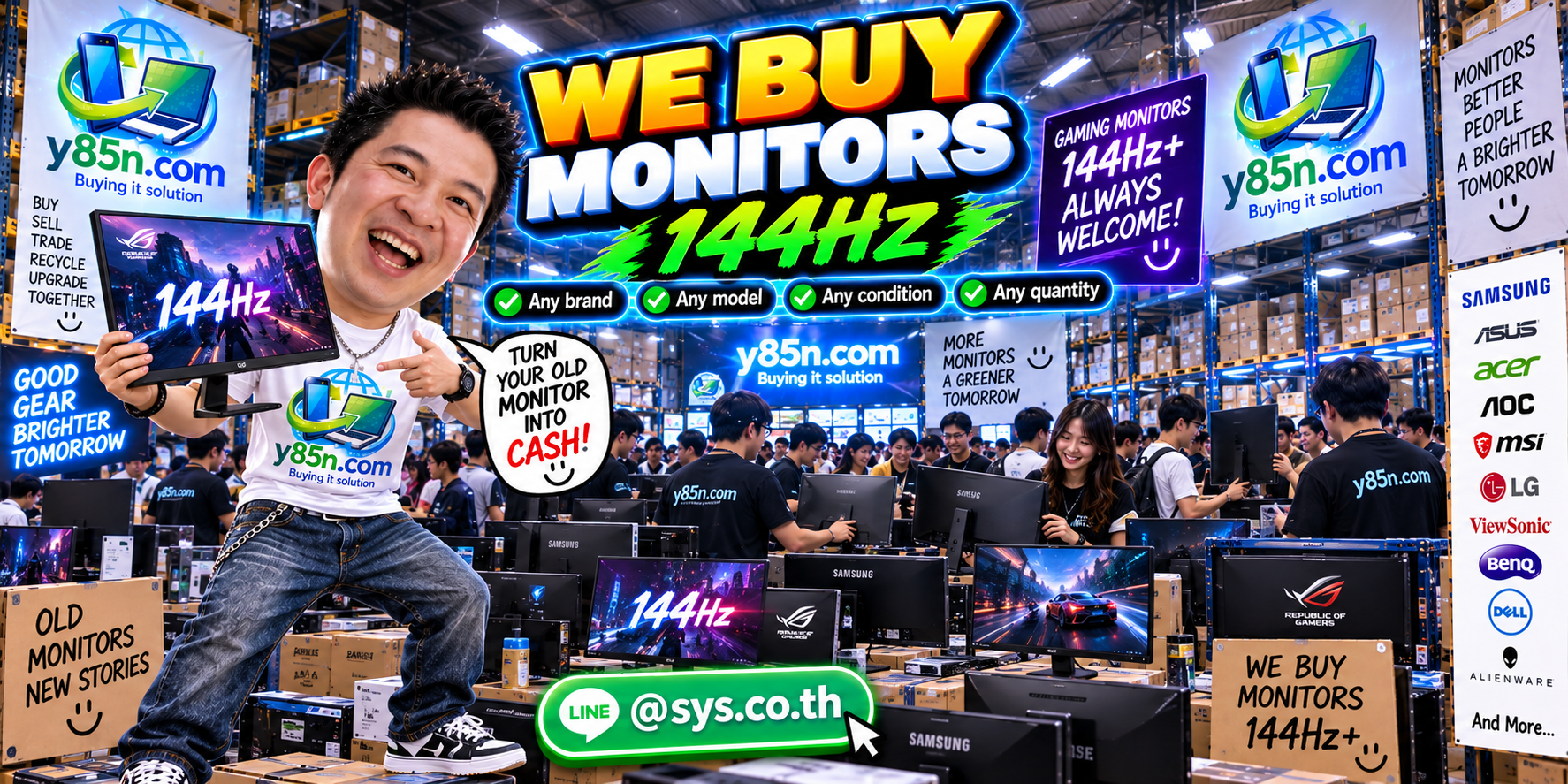Y85N.com IT warehouse monitor buying scene with many customers and display equipment