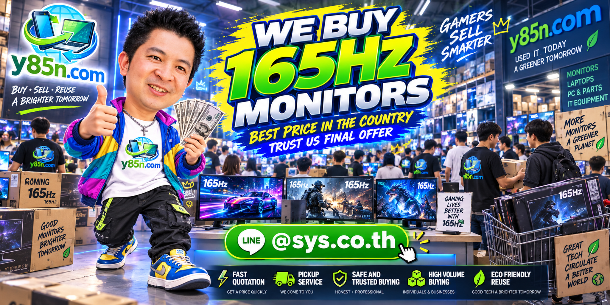 Y85N.com warehouse buying used 165Hz gaming monitors with international seller service in Thailand