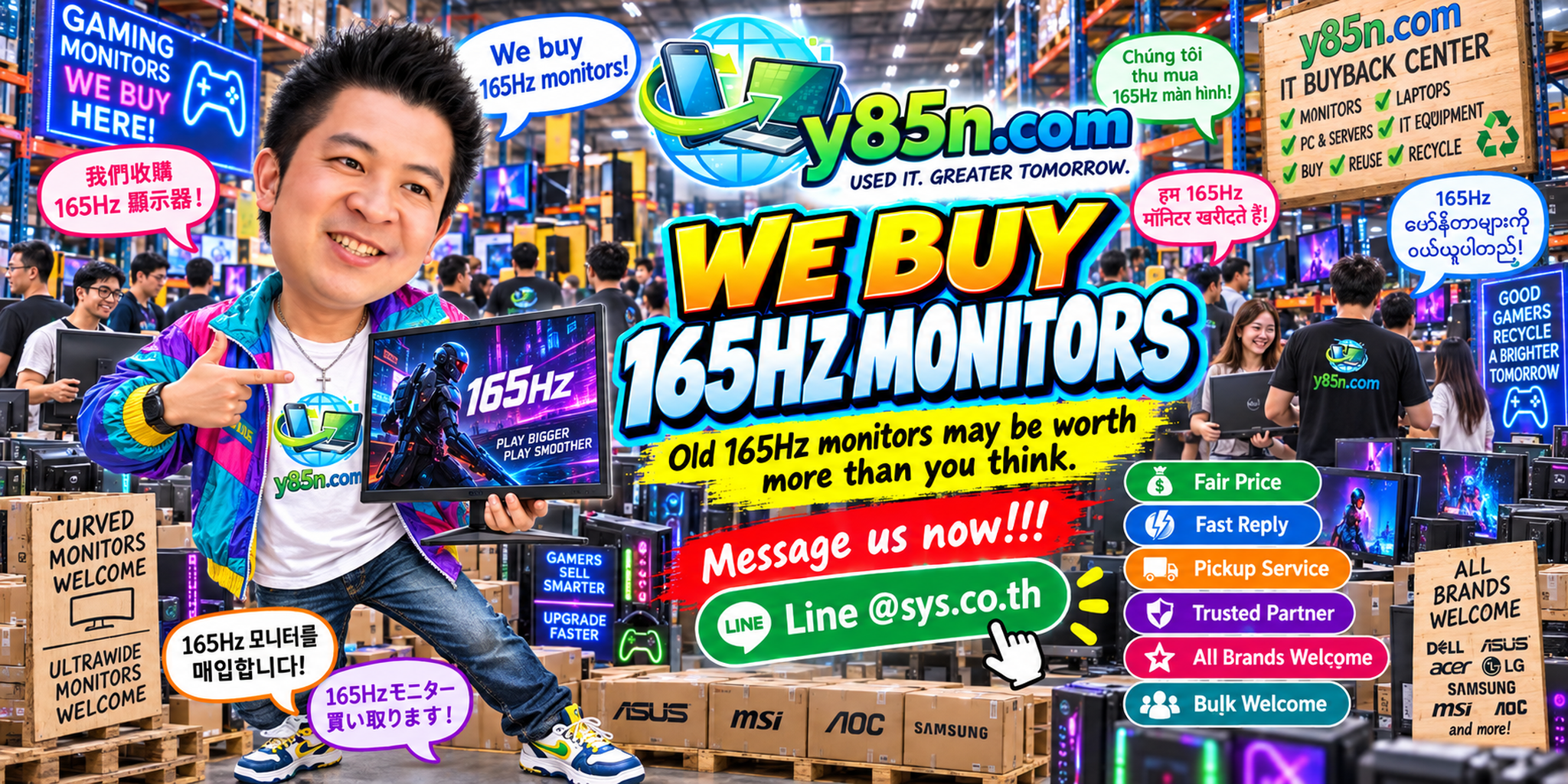 Busy Y85N.com computer warehouse buying used 165Hz gaming monitors in Thailand